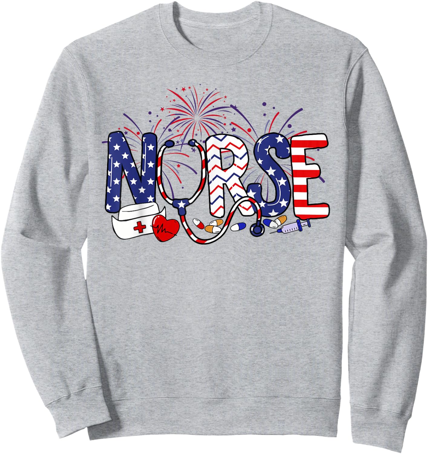 American Nurse 4th of July Nurse Stethoscope Nursing Sweatshirt - Sweatshirt | Ash