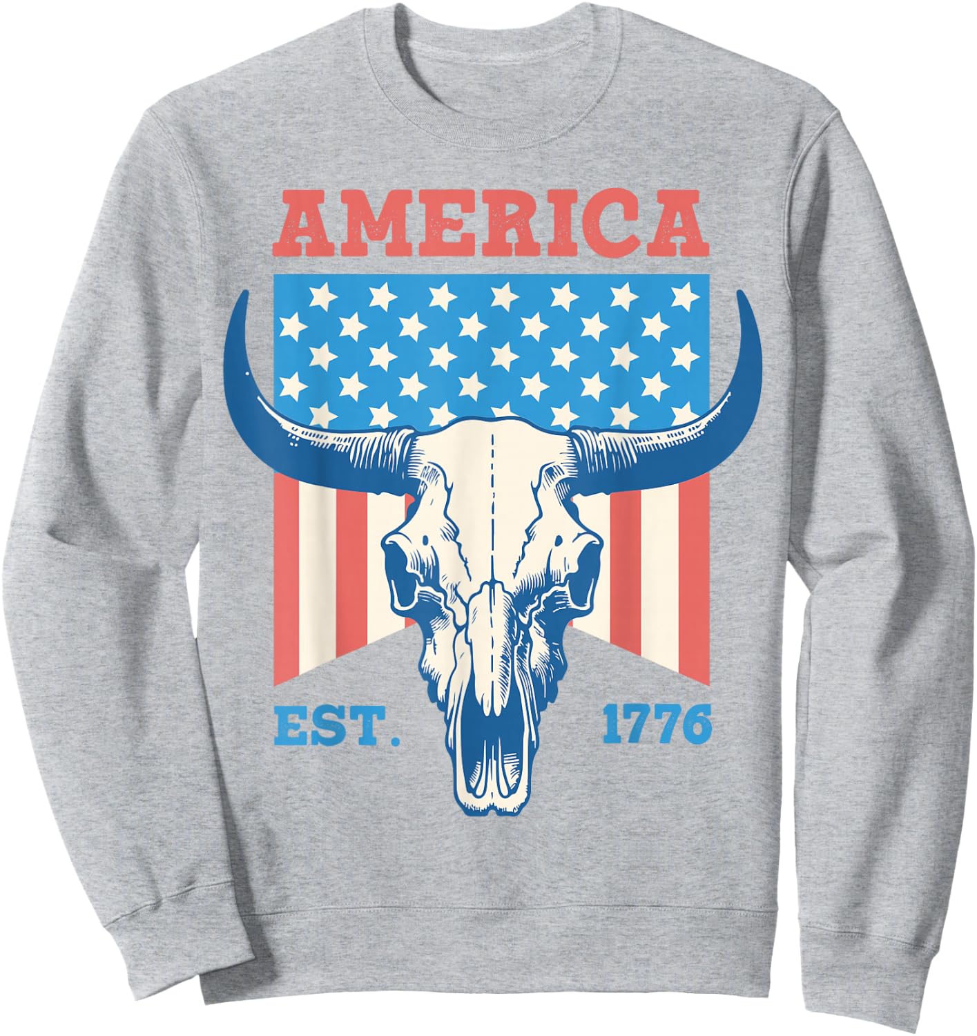 America Est 1776 Vintage Bull Skull US Flag 4th of July Women Kids Men Sweatshirt - Sweatshirt | Ash