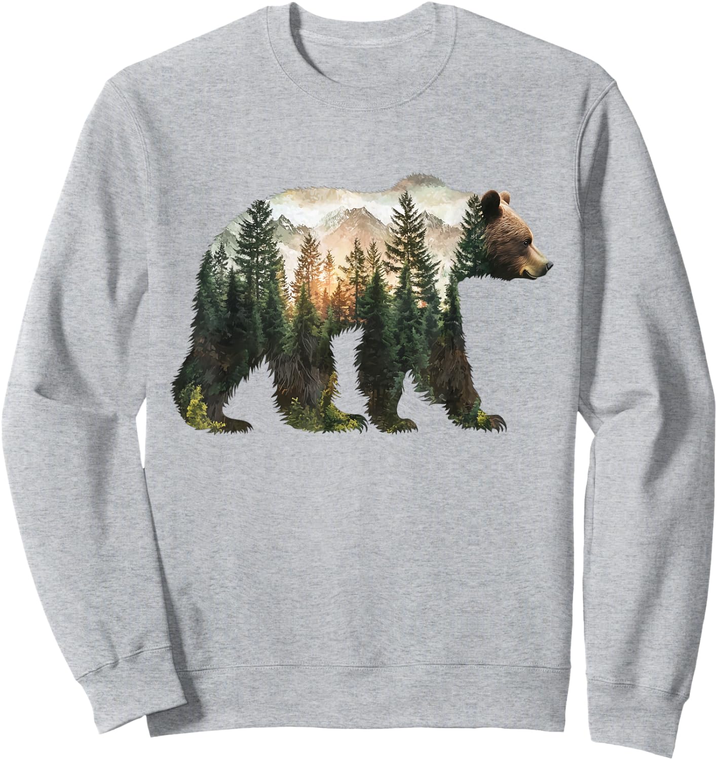 Bear Forest Mountains Trees Nature Sunset Outdoor Graphic Sweatshirt - Sweatshirt | Ash