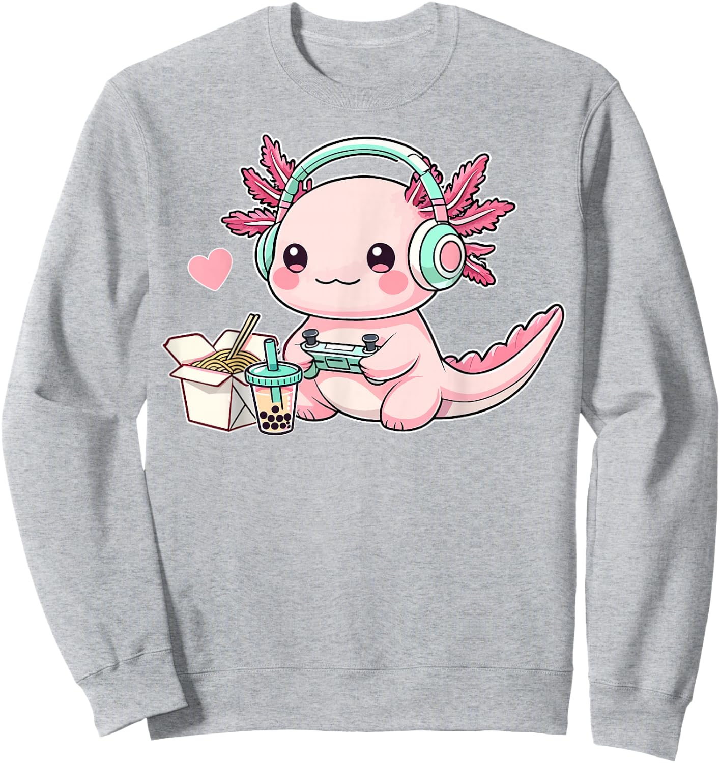 Chibi Axolotl Lover Headphone Gamer Cute Axolotl Graphic Sweatshirt - Sweatshirt | Ash