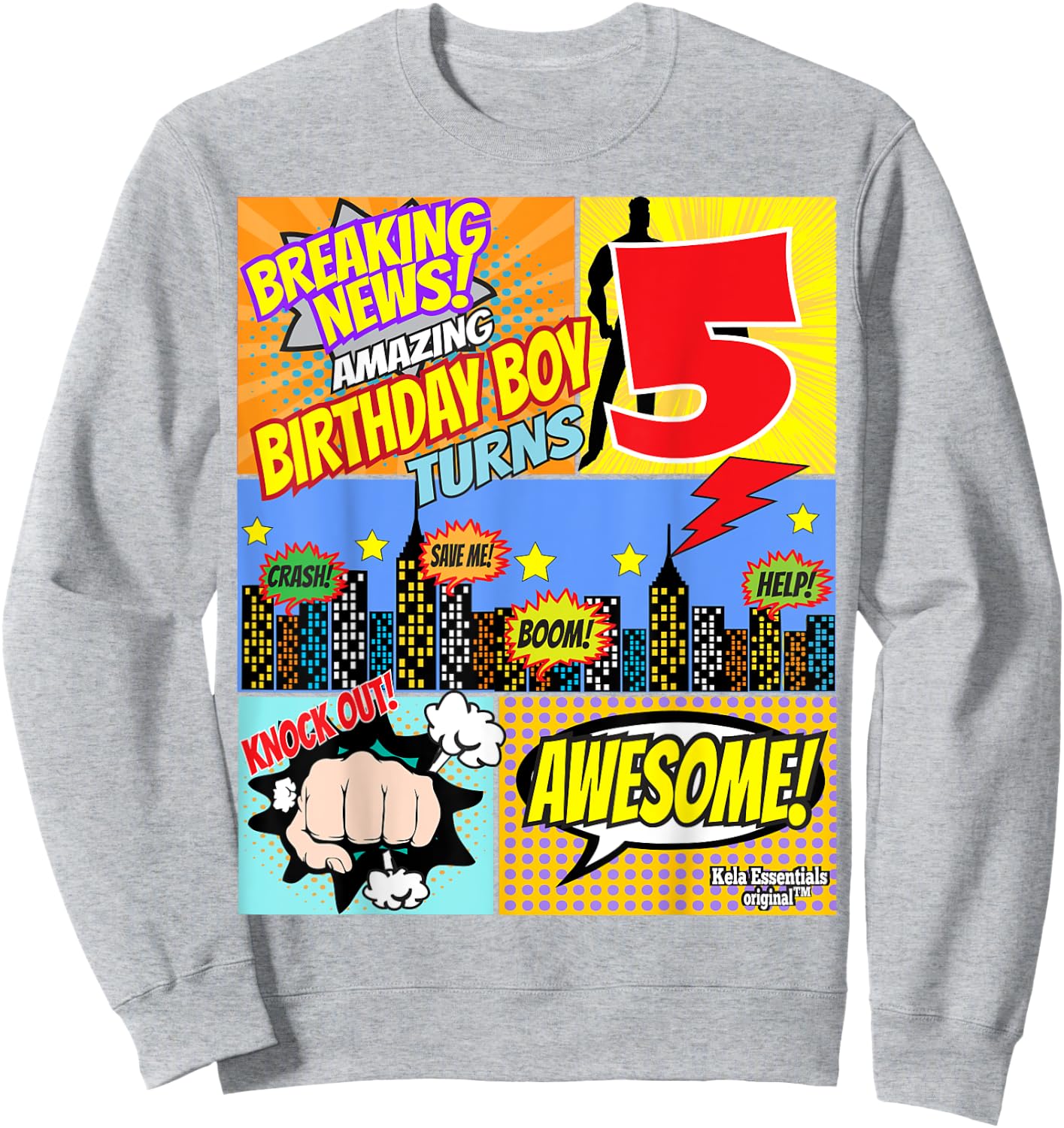 Birthday Boys Shirt Age 5 Superhero Comic Book Theme Party Sweatshirt - Sweatshirt | Ash