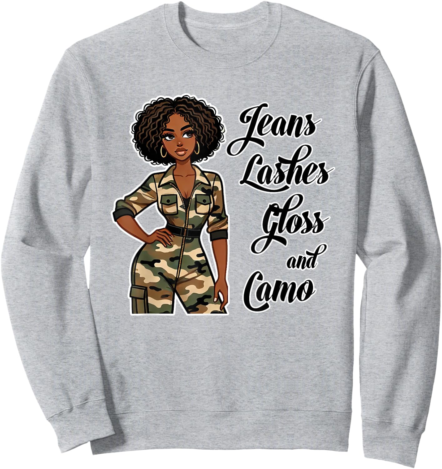 Jeans Lashes Gloss and Camo Black Woman Afro Sweatshirt - Sweatshirt | Ash