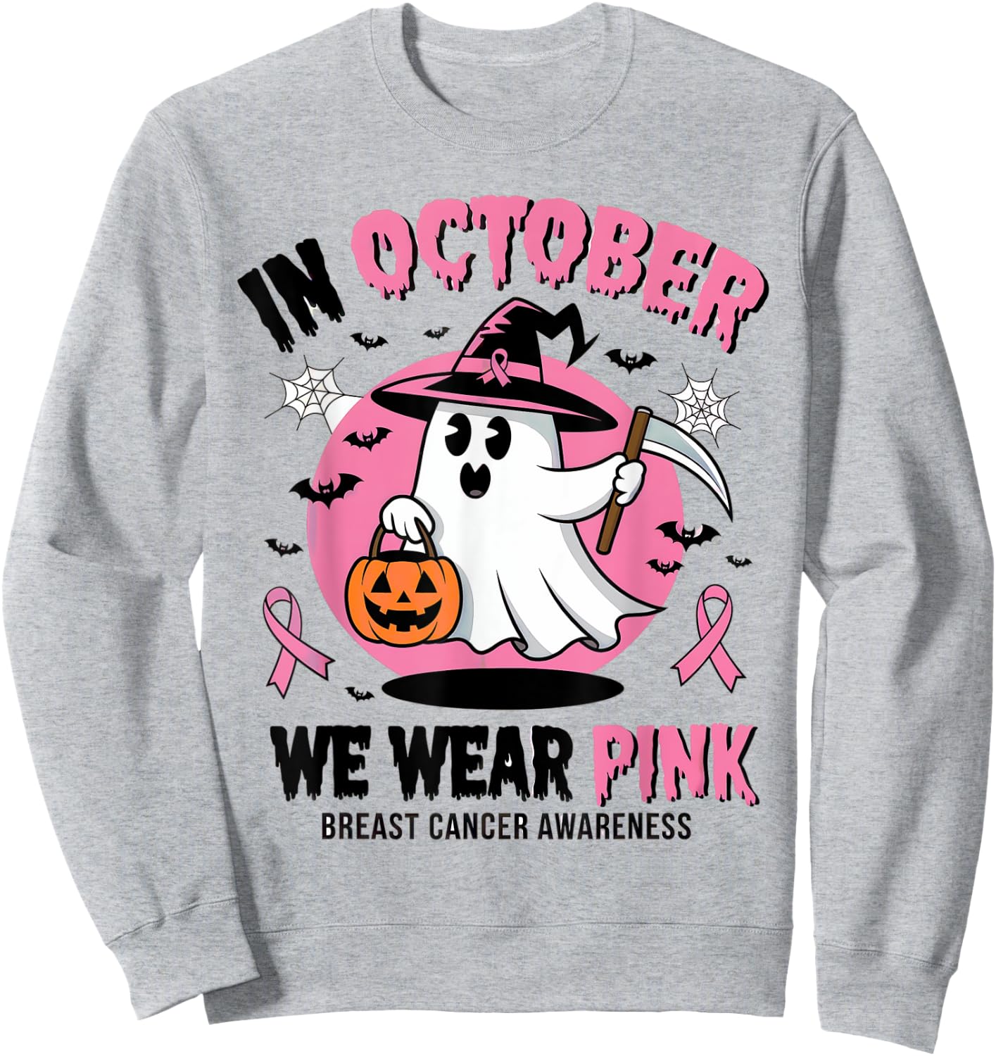 In October We Wear Pink Ghost Witch Breast Cancer Awareness Sweatshirt - Sweatshirt | Ash