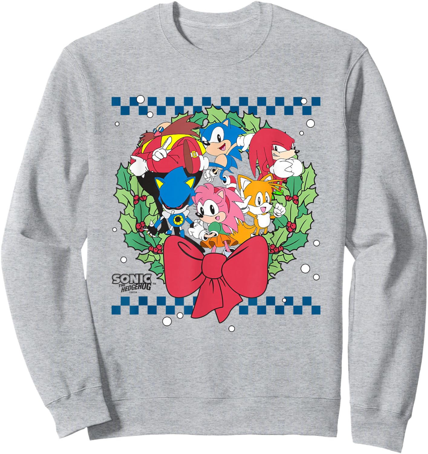 Sonic The Hedgehog Christmas Wreath Group Shot Chest Logo Sweatshirt - Sweatshirt | Ash