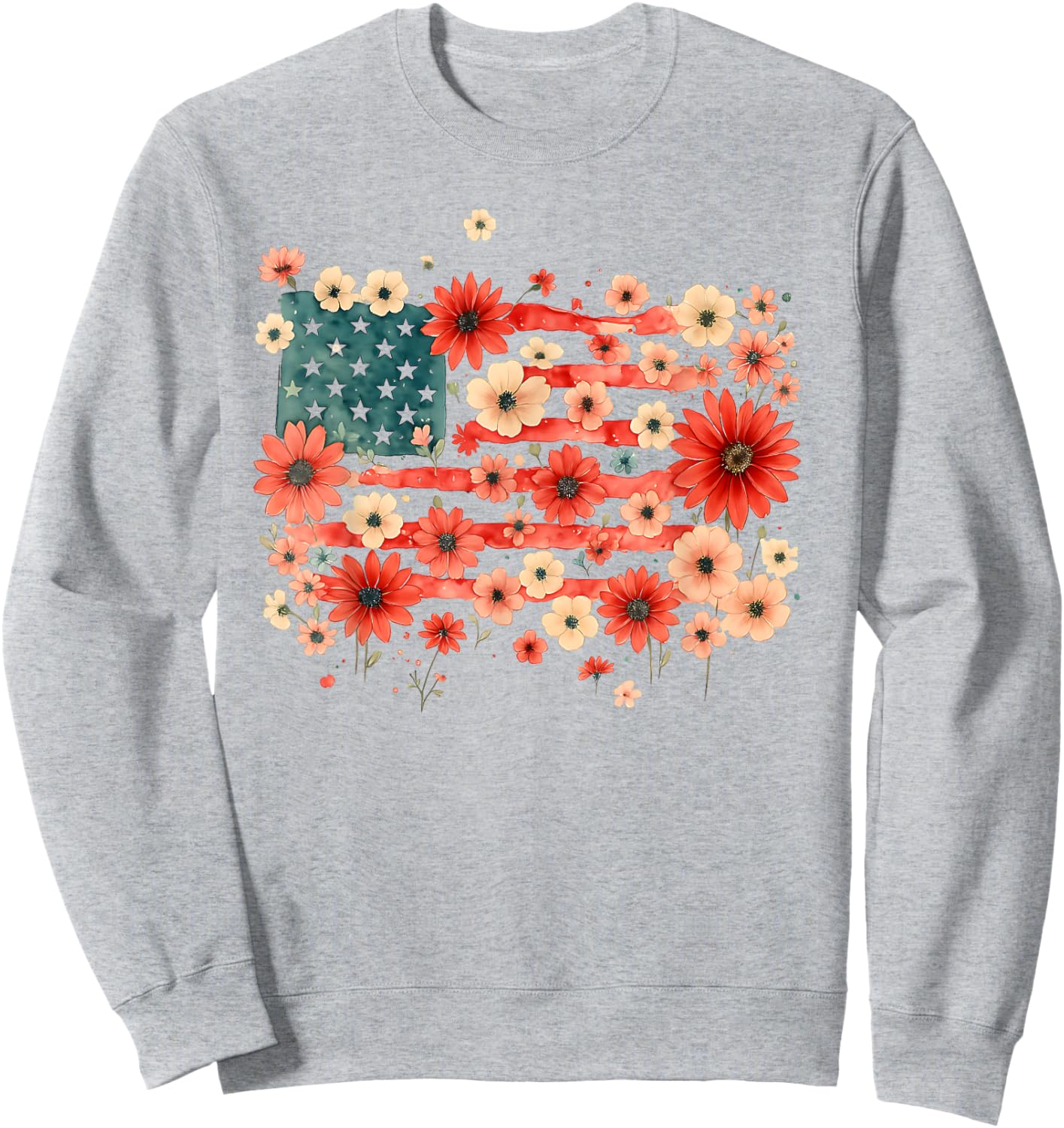 Floral American Flag Daisy 4th July Girls Women Patriotic Sweatshirt - Sweatshirt | Ash