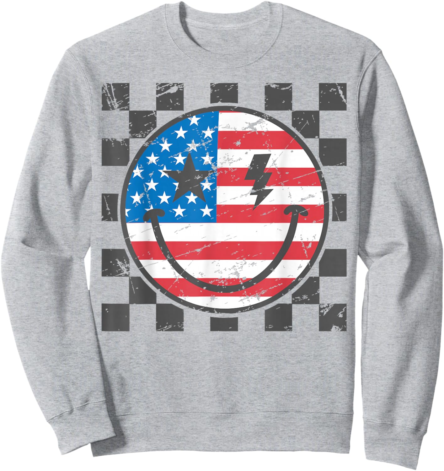 Happy 4th of July Groovy Smile Face Red White Blue USA Flag Sweatshirt - Sweatshirt | Ash