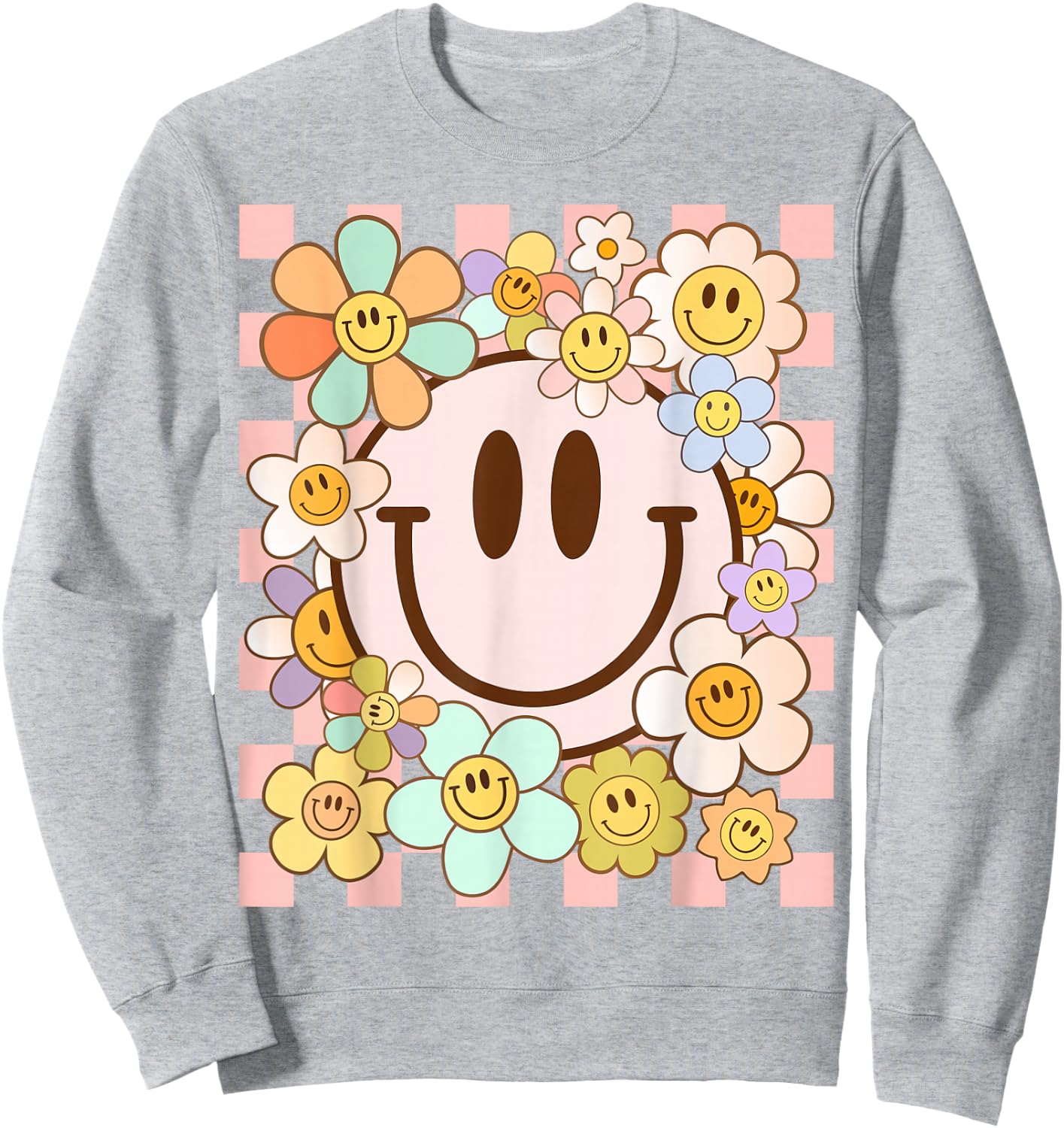 Retro Smile Face Flower Happy Face Flowers Heart Kids Girls Sweatshirt - Sweatshirt | Ash