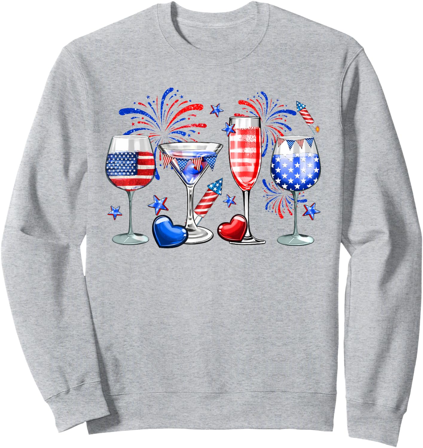 Wine Glasses 4th Of July Drinking Red White Blue USA Flag Sweatshirt - Sweatshirt | Ash