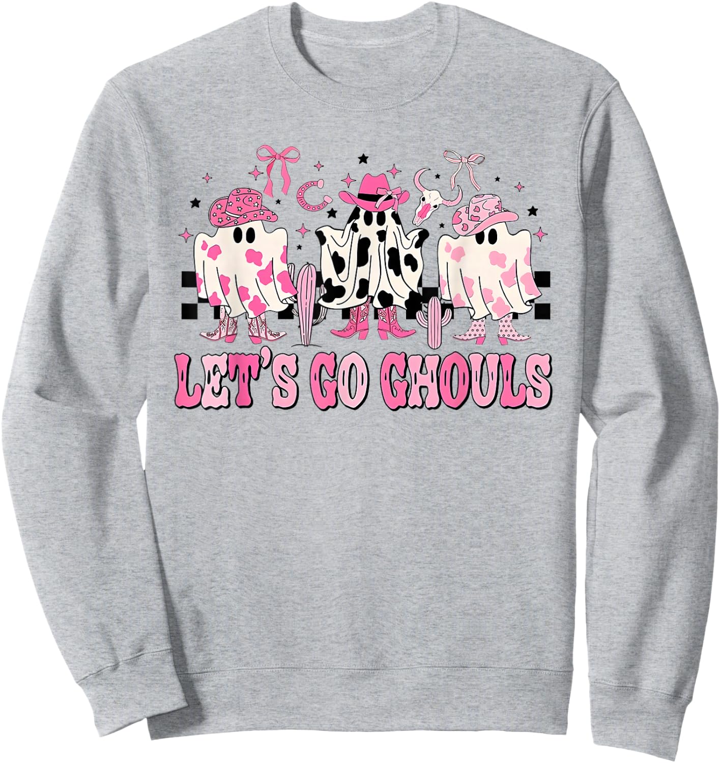 Lets Go Ghouls Groovy Pink Ghost Halloween Western Cowgirl Sweatshirt - Sweatshirt | Ash