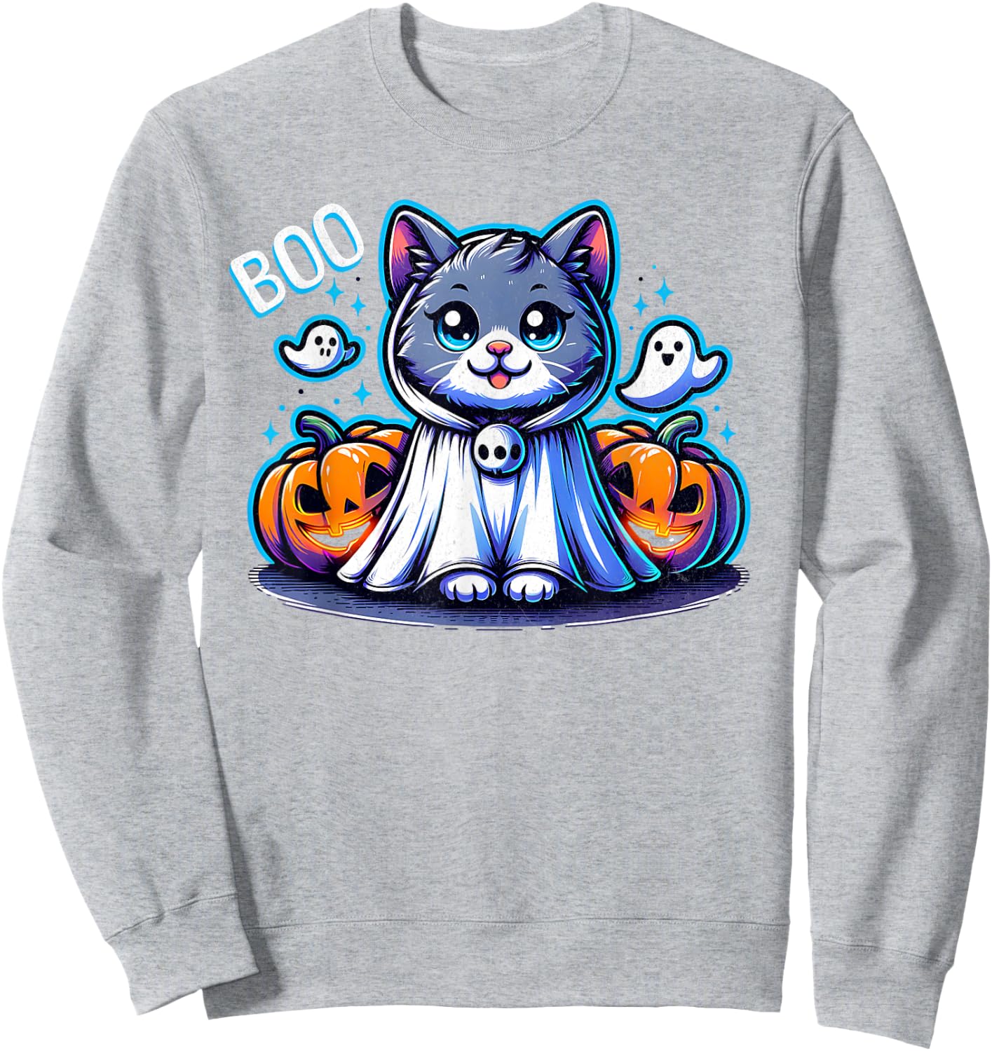 Ghost Cat Boo Funny Cat Pumpkin BOO Kitty Cat Halloween Women Kids Sweatshirt - Sweatshirt | Ash