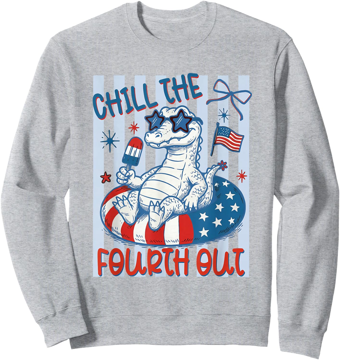 Striped Chill the Fourth Out Crocodile American Flag Gator Sweatshirt - Sweatshirt | Ash