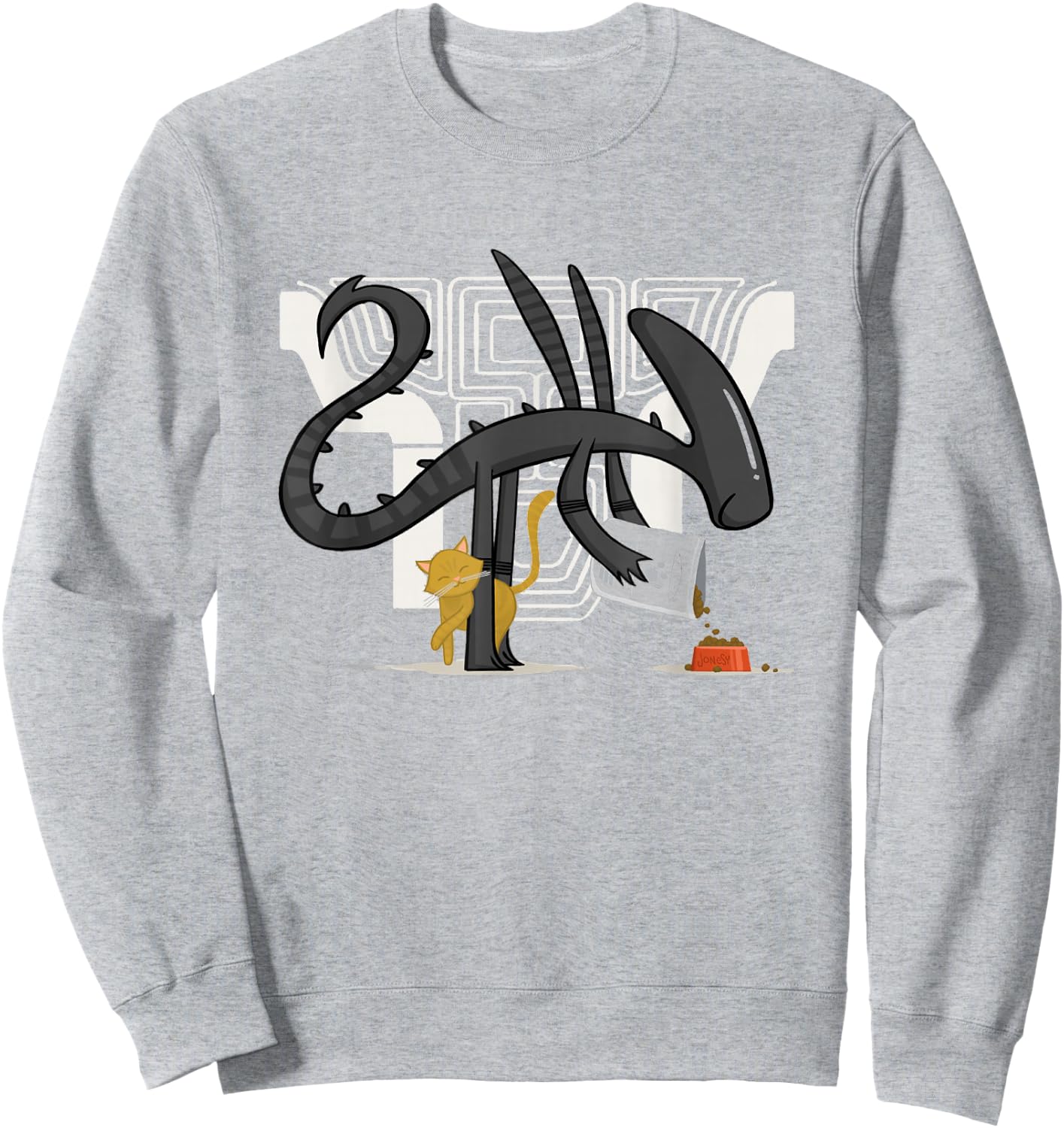 Aliens Cute Animated Xenomorph Feeding Cat Big Chest Logo Sweatshirt - Sweatshirt | Ash