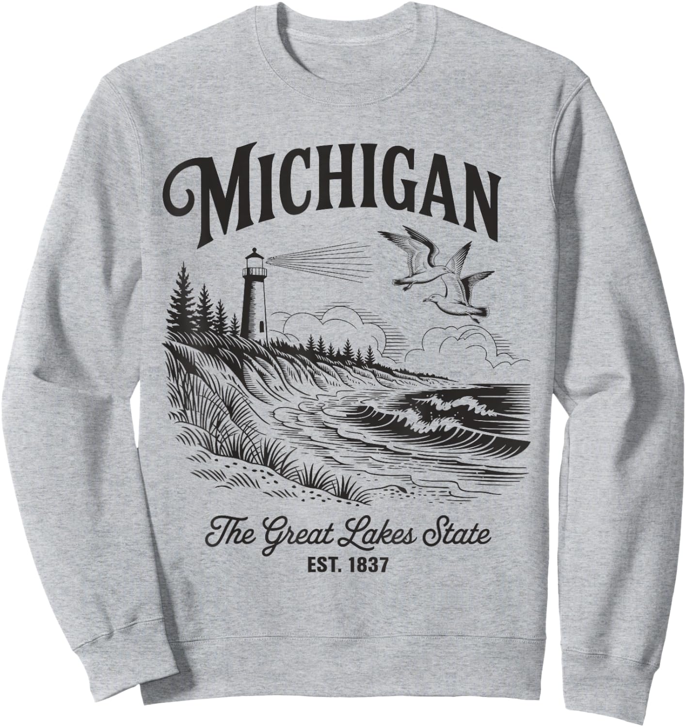 Michigan Lighthouse Waves Scene The Great Lakes State Nature Sweatshirt - Sweatshirt | Ash