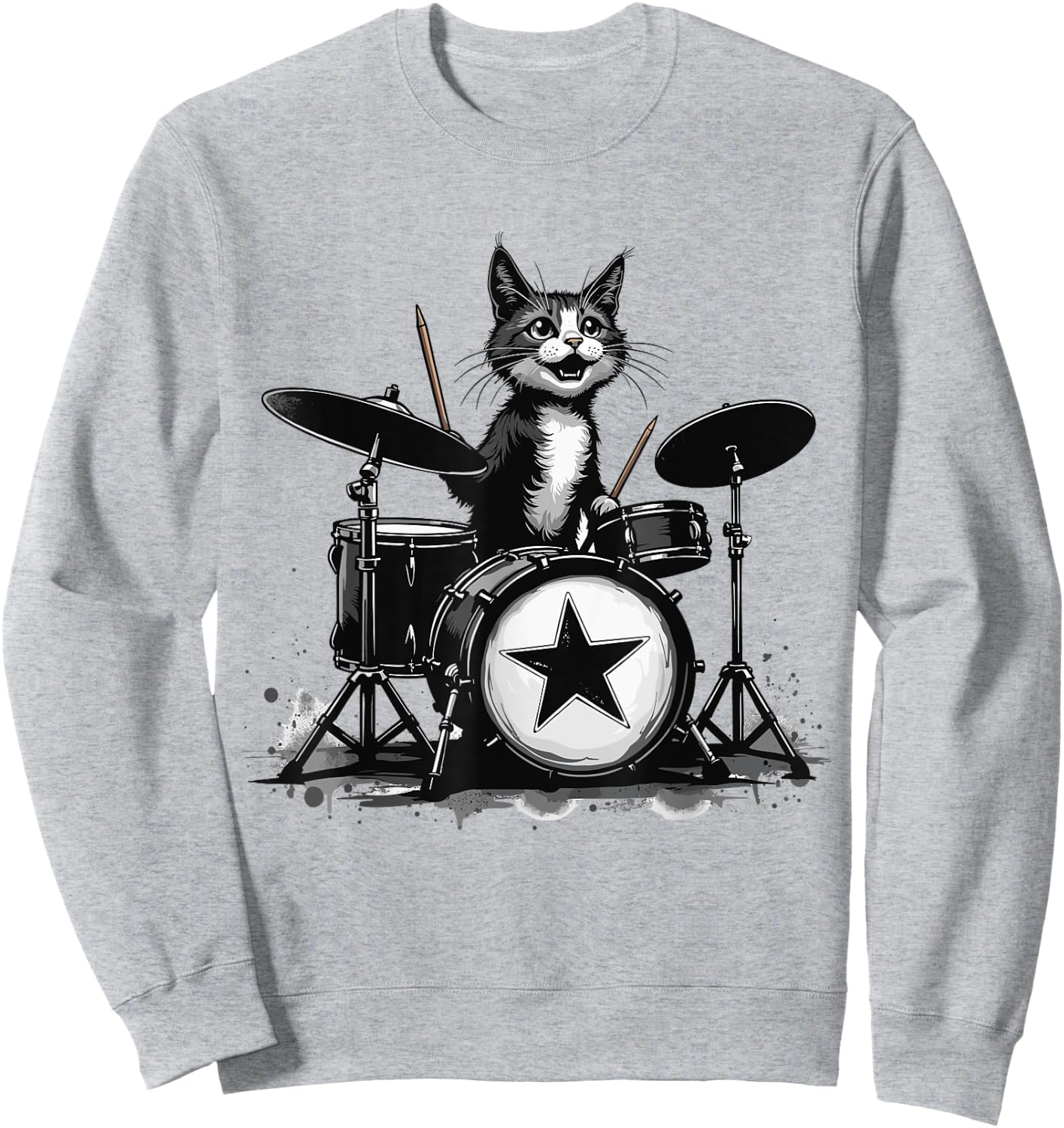 Punk Rockstar Kitten Kitty Cat Drummer Playing Drums Graphic Sweatshirt - Sweatshirt | Ash