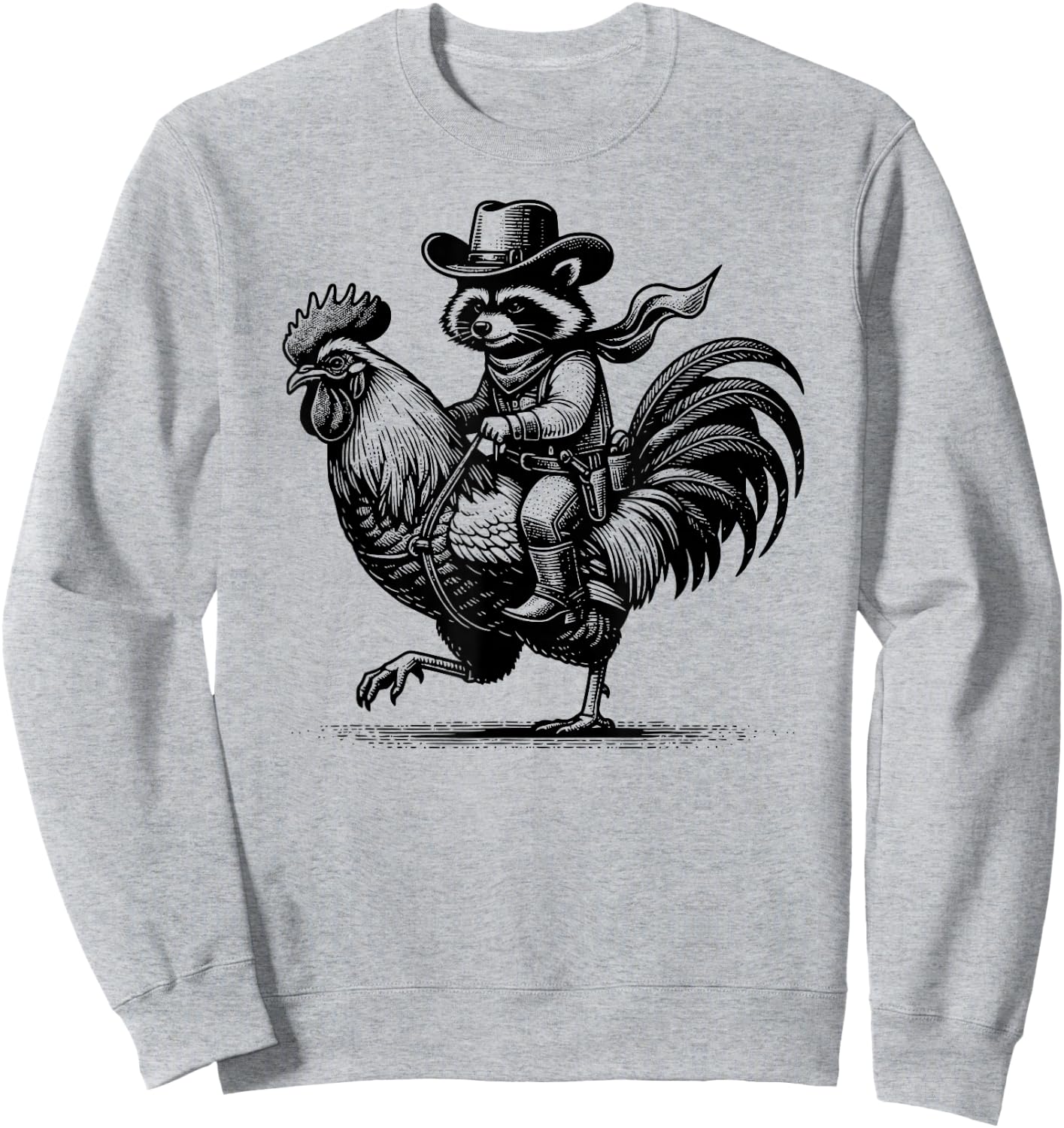 Funny Raccoon With Cowboy Hat & Boots Riding Rooster Vintage Sweatshirt - Sweatshirt | Ash