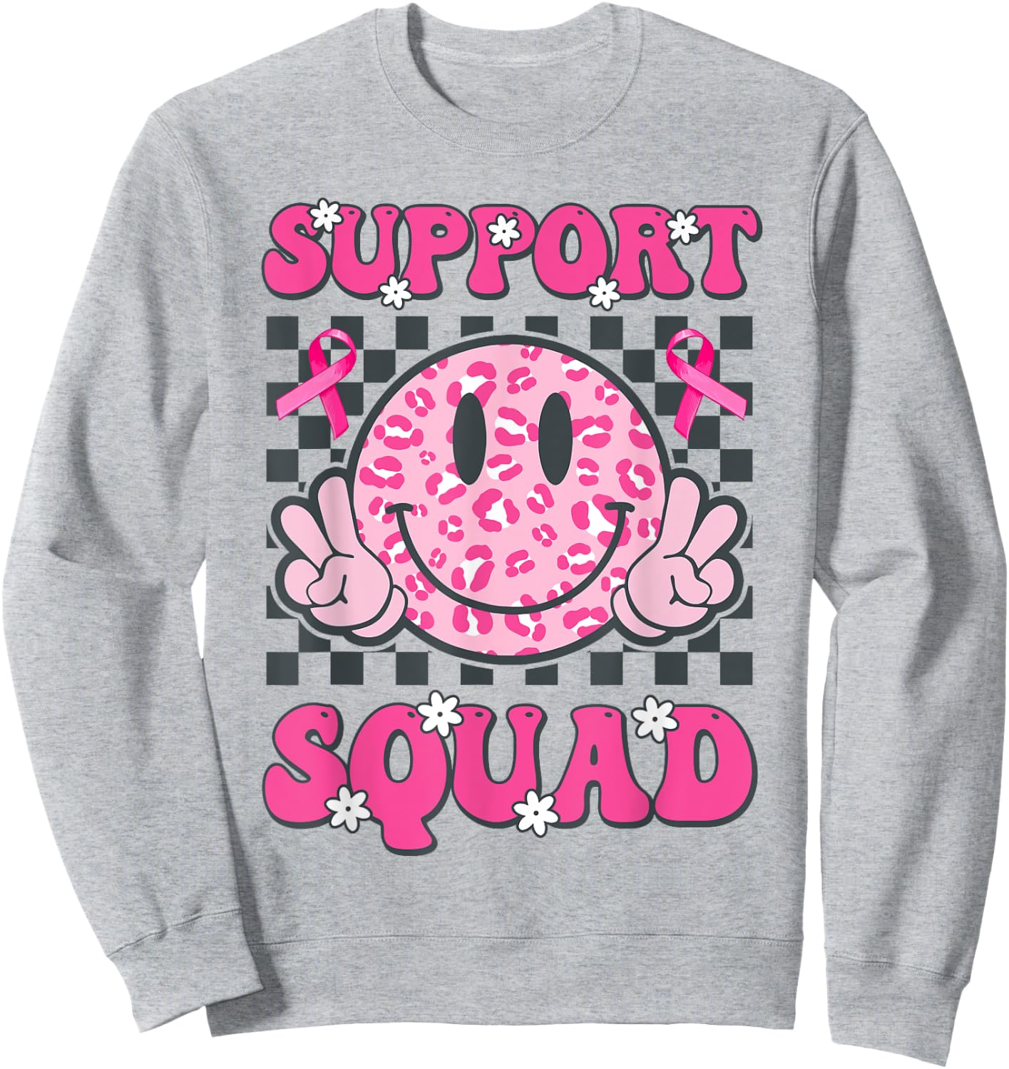 Support Squad Breast Cancer Awareness Smile Face Pink Ribbon Sweatshirt - Sweatshirt | Ash