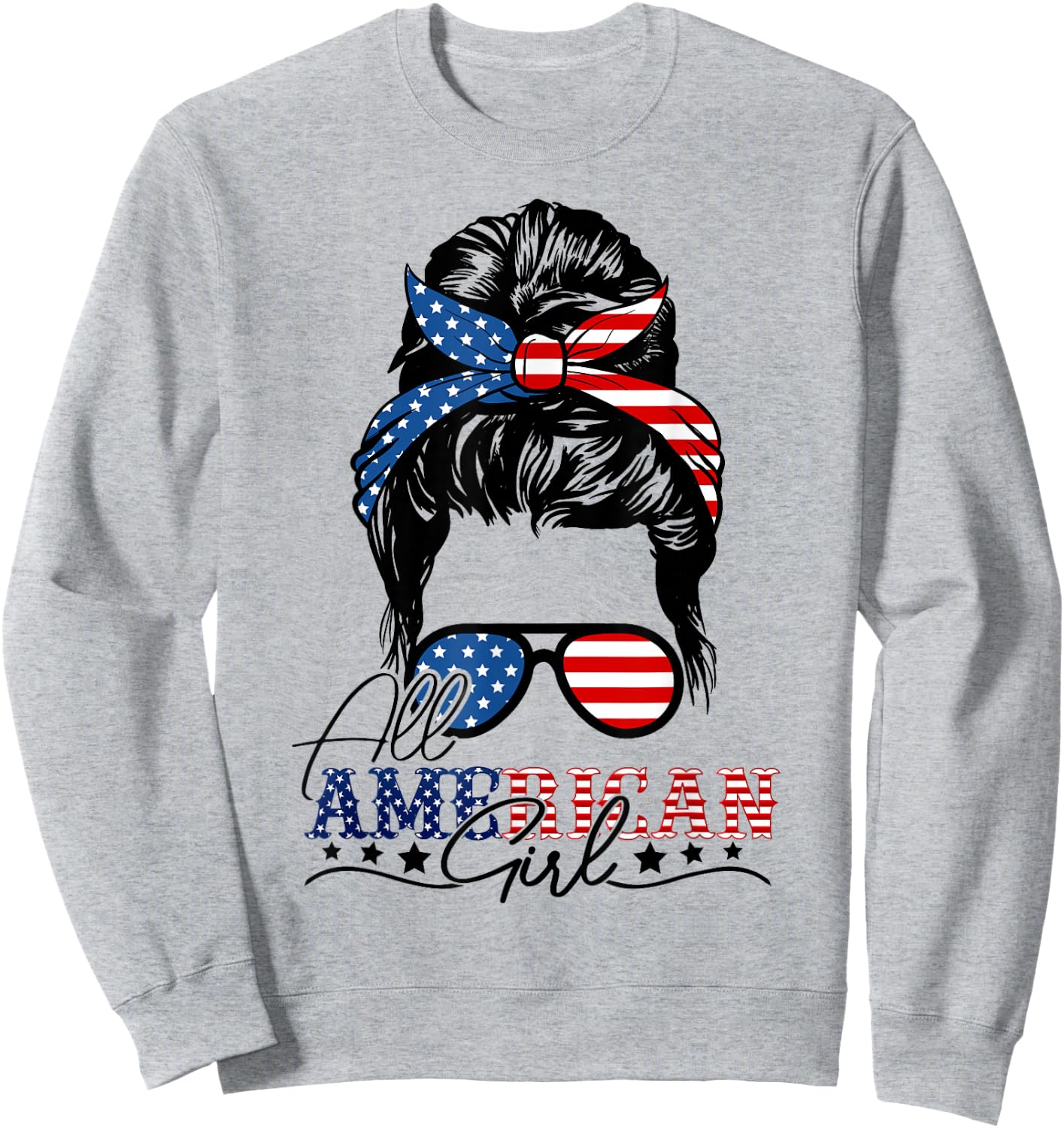 4th of July Messy Bun All American Girls USA Flag For Girls Sweatshirt - Sweatshirt | Ash