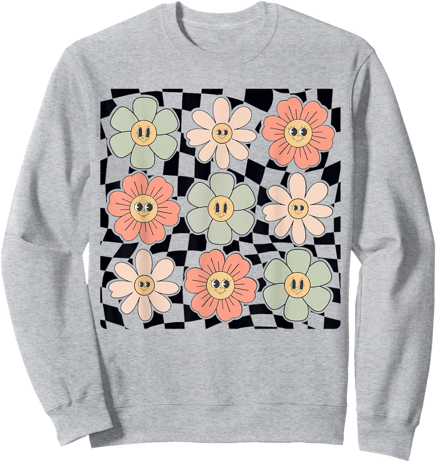 Retro Colorful Checkered Pattern Checkerboard Daisy Flowers Sweatshirt - Sweatshirt | Ash