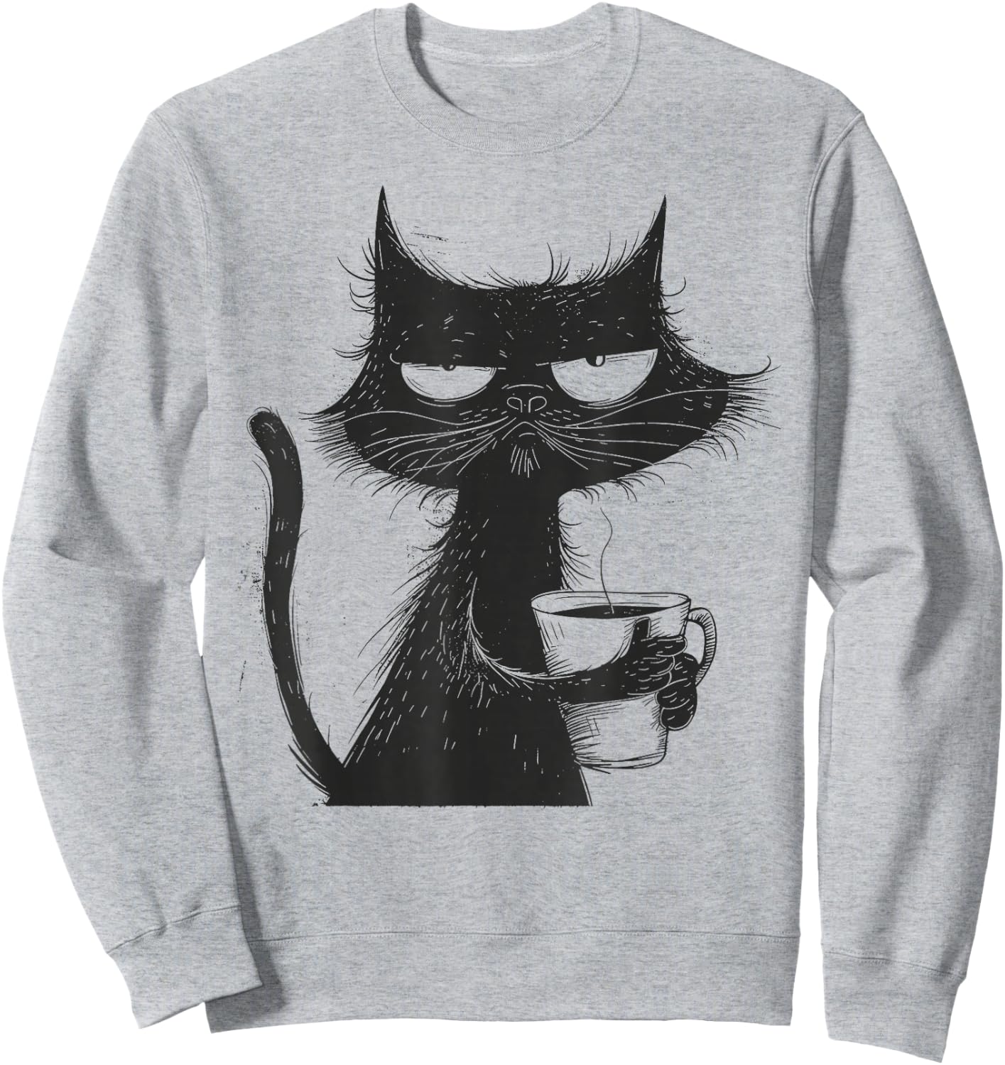 Funny Angry Cat With Coffee Mug Graphic Sweatshirt - Sweatshirt | Ash