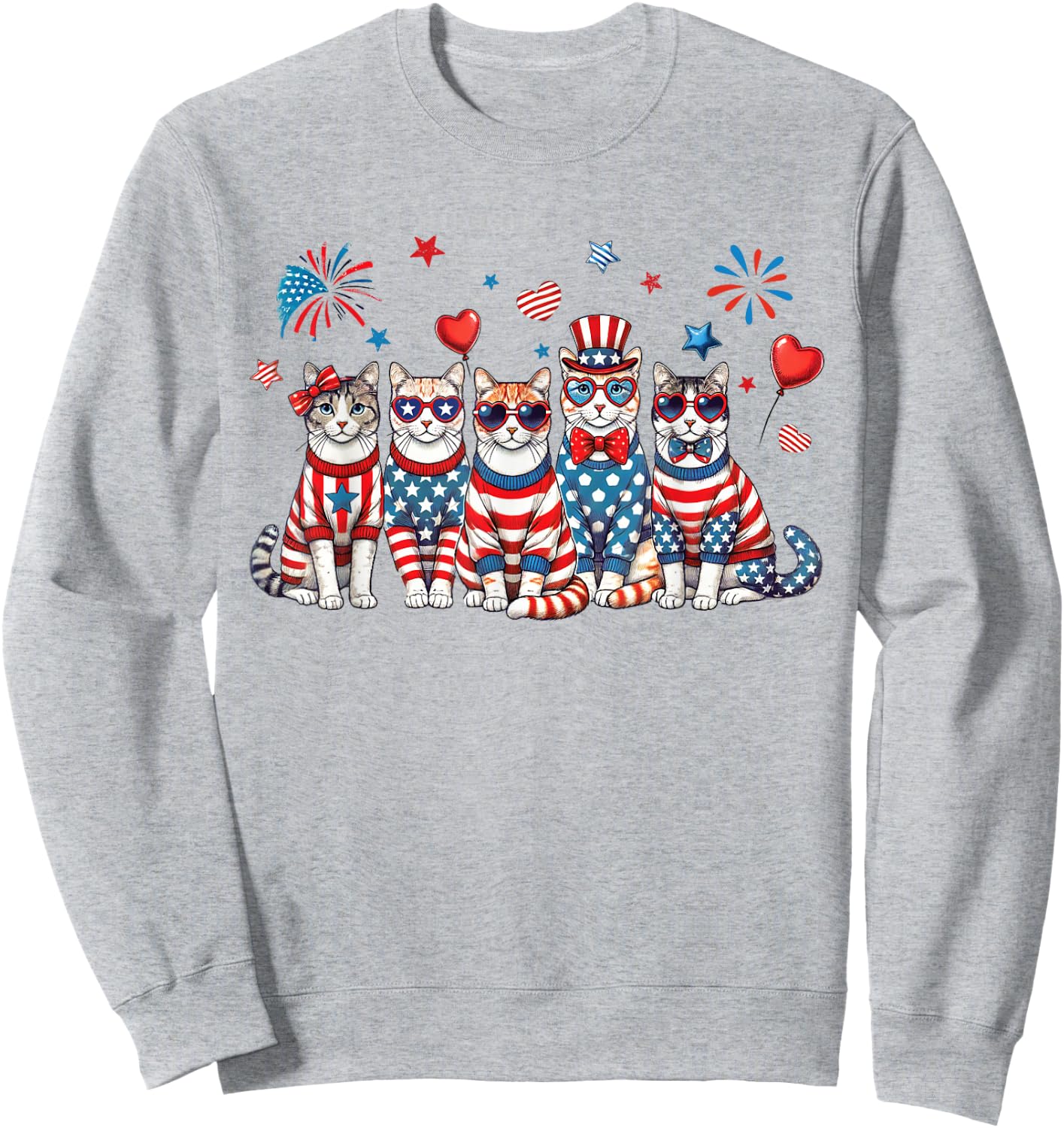 Patriotic Cats Wearing Red White Blue Glasses Fireworks USA Sweatshirt - Sweatshirt | Ash