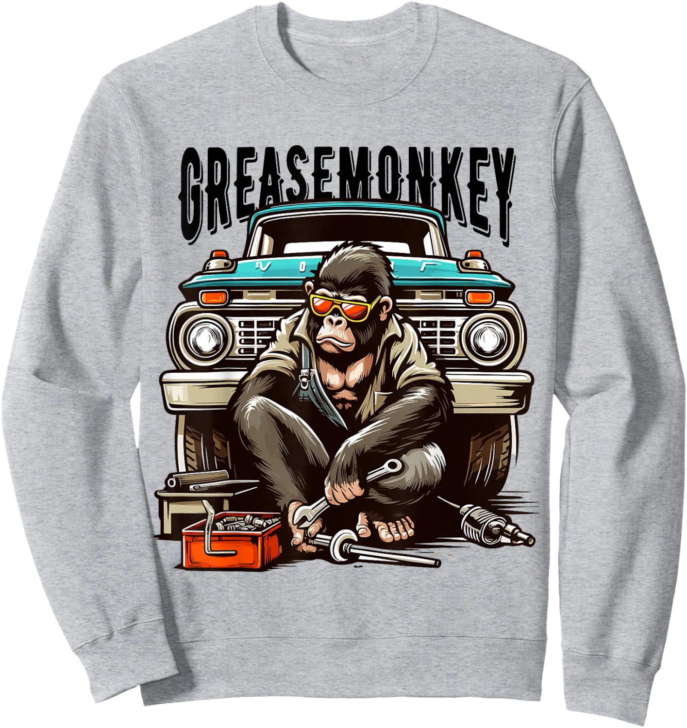 Cool Grease Monkey with Sunglasses Working on Vintage Truck Sweatshirt - Sweatshirt | Ash