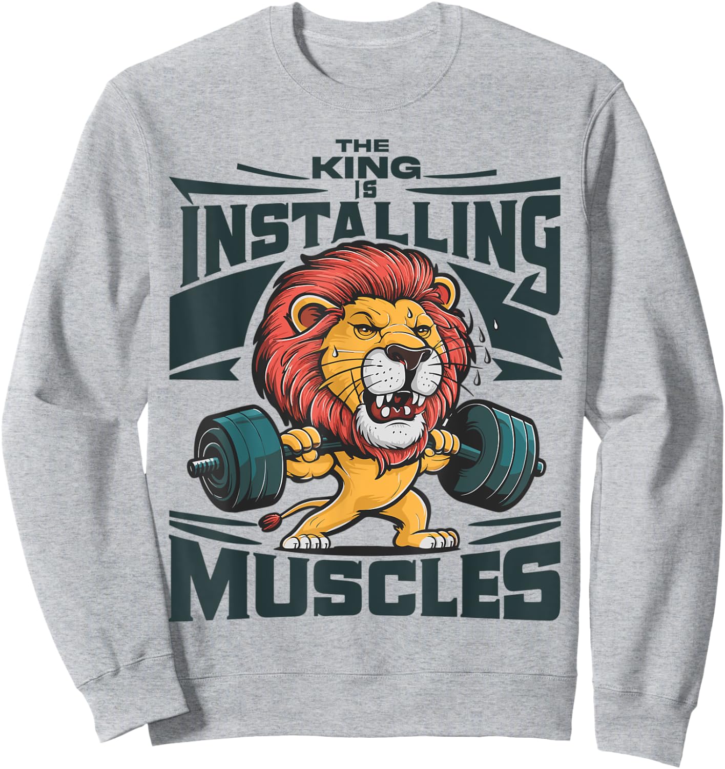 Funny Lion Installing Muscles Please Wait Lifting Barbell Sweatshirt - Sweatshirt | Ash