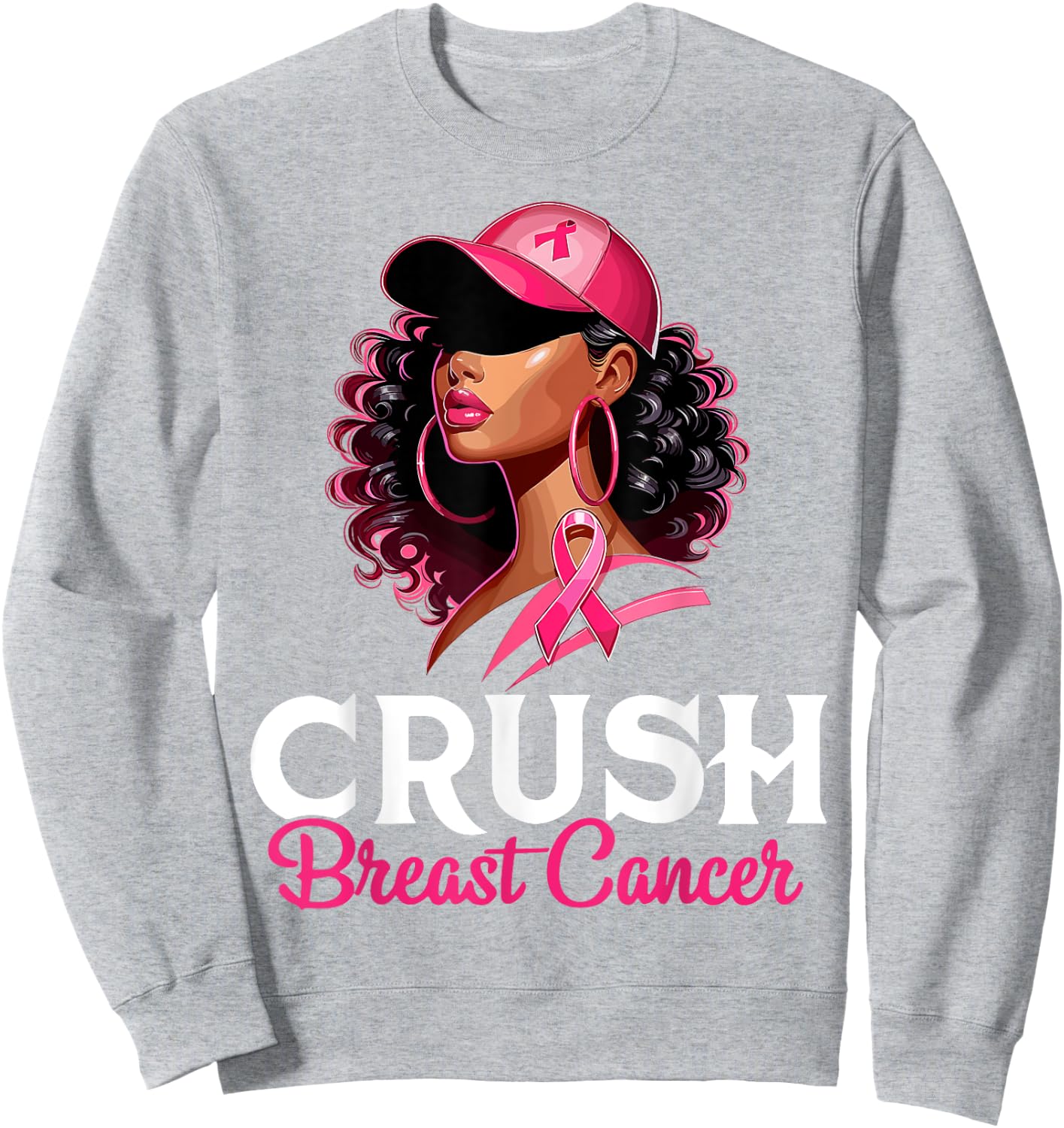 Crush Breast Cancer Awareness Black Afro Woman Pink Ribbon Sweatshirt - Sweatshirt | Ash