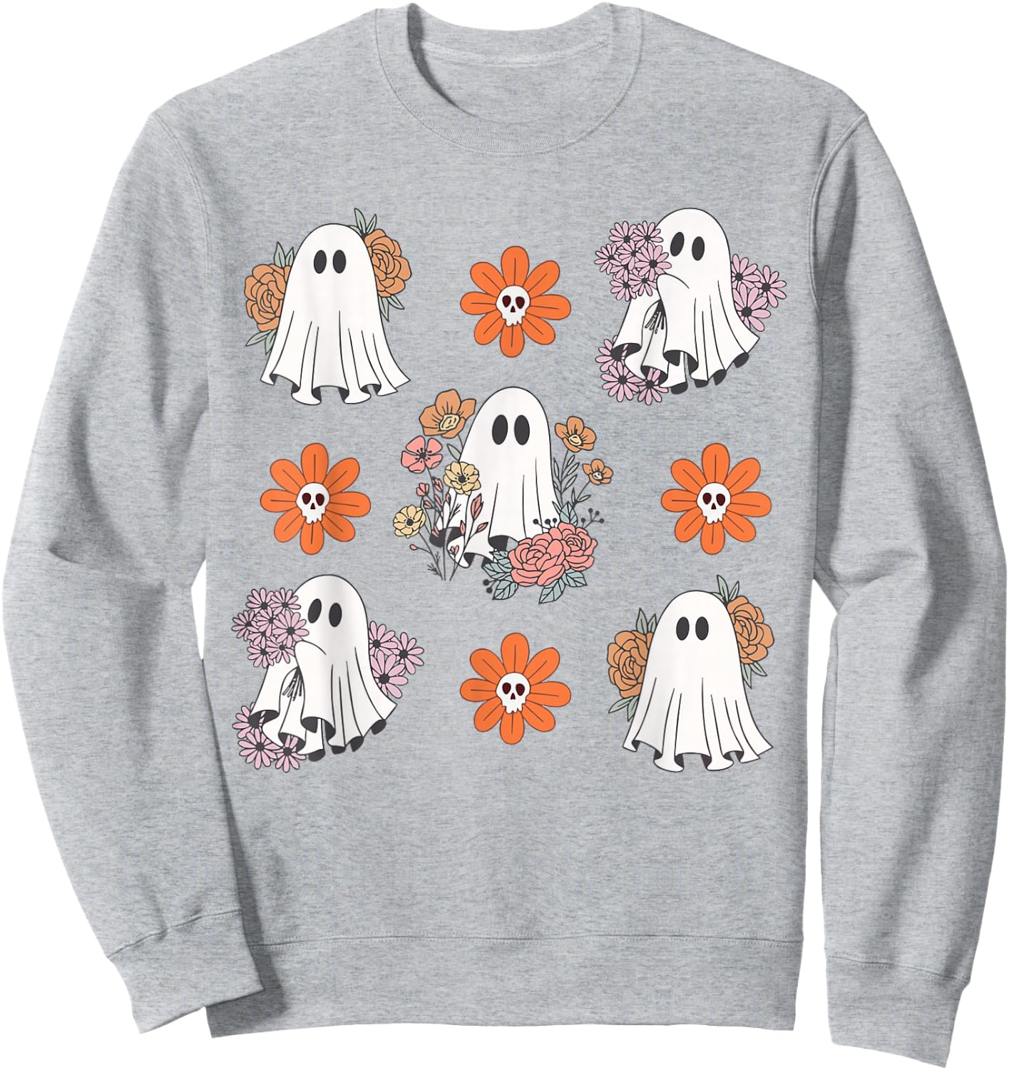Cute Ghost Flower Halloween Pumpkin Spooky Season Women Kids Sweatshirt - Sweatshirt | Ash