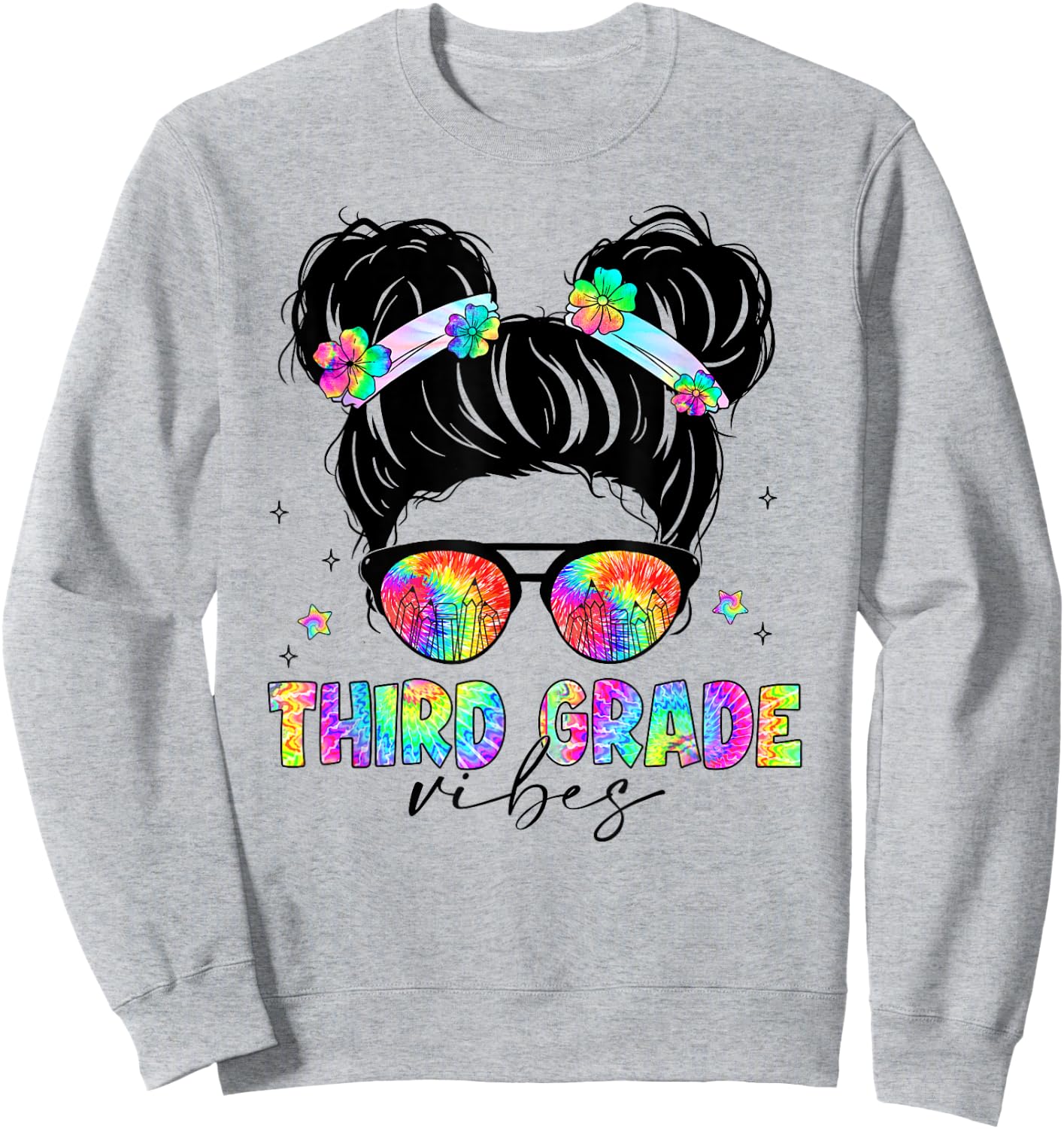 Tie Dye Messy Bun Back To School Shirt Third Grade Vibes Sweatshirt - Sweatshirt | Ash