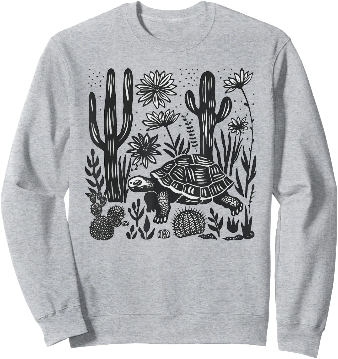 Mexican Linocut Print Mojave Desert Tortoise Cacti Landscape Sweatshirt - Sweatshirt | Ash