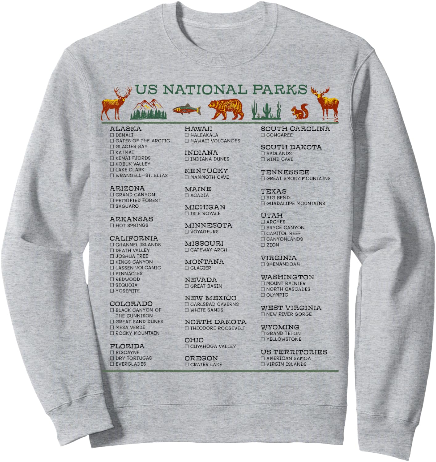 US National Parks List by State Check Off Checklist Souvenir Sweatshirt - Sweatshirt | Ash