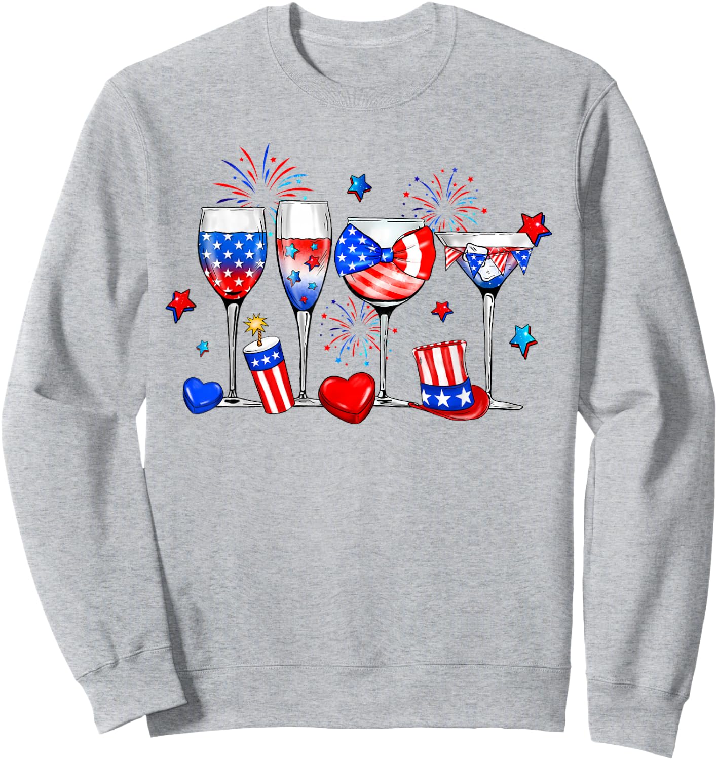 Wine Glasses 4th Of July Drinking Red White Blue USA Flag Sweatshirt - Sweatshirt | Ash