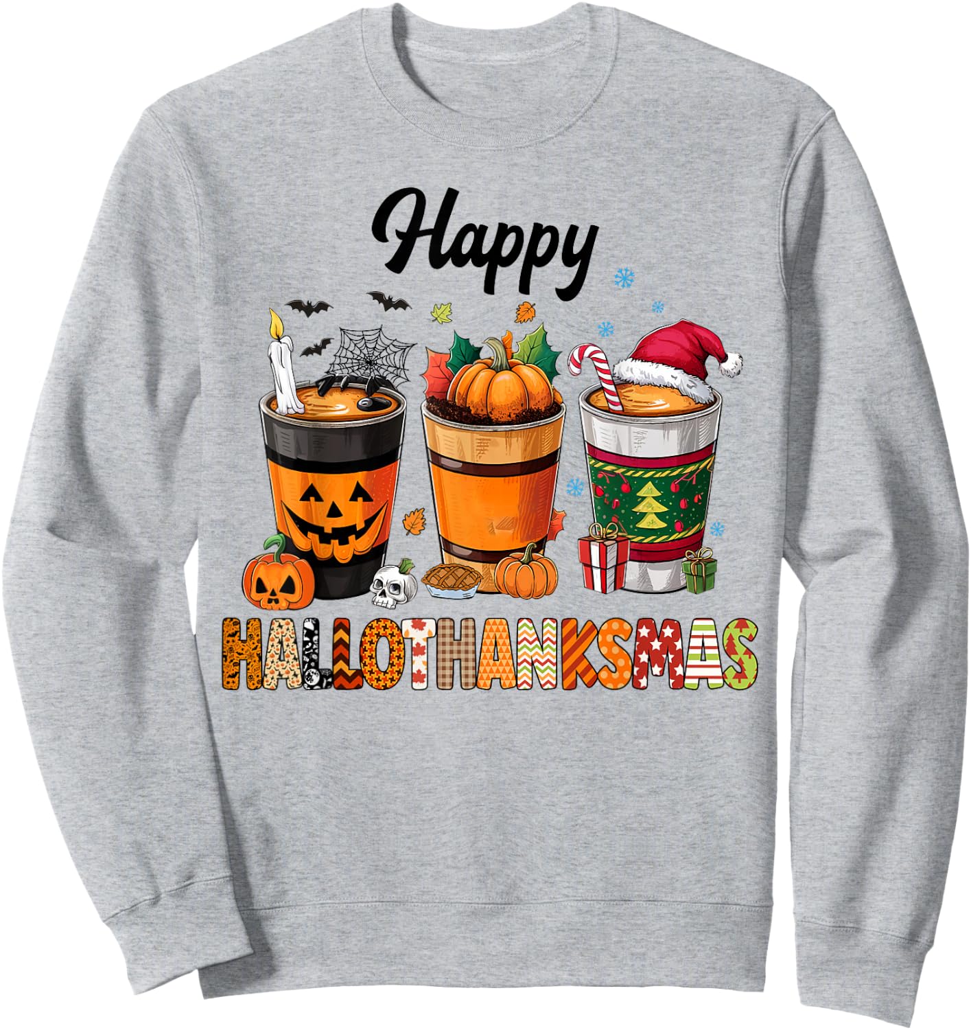 Happy Hallothanksmas Halloween Coffee Latte Thanksgiving Sweatshirt - Sweatshirt | Ash
