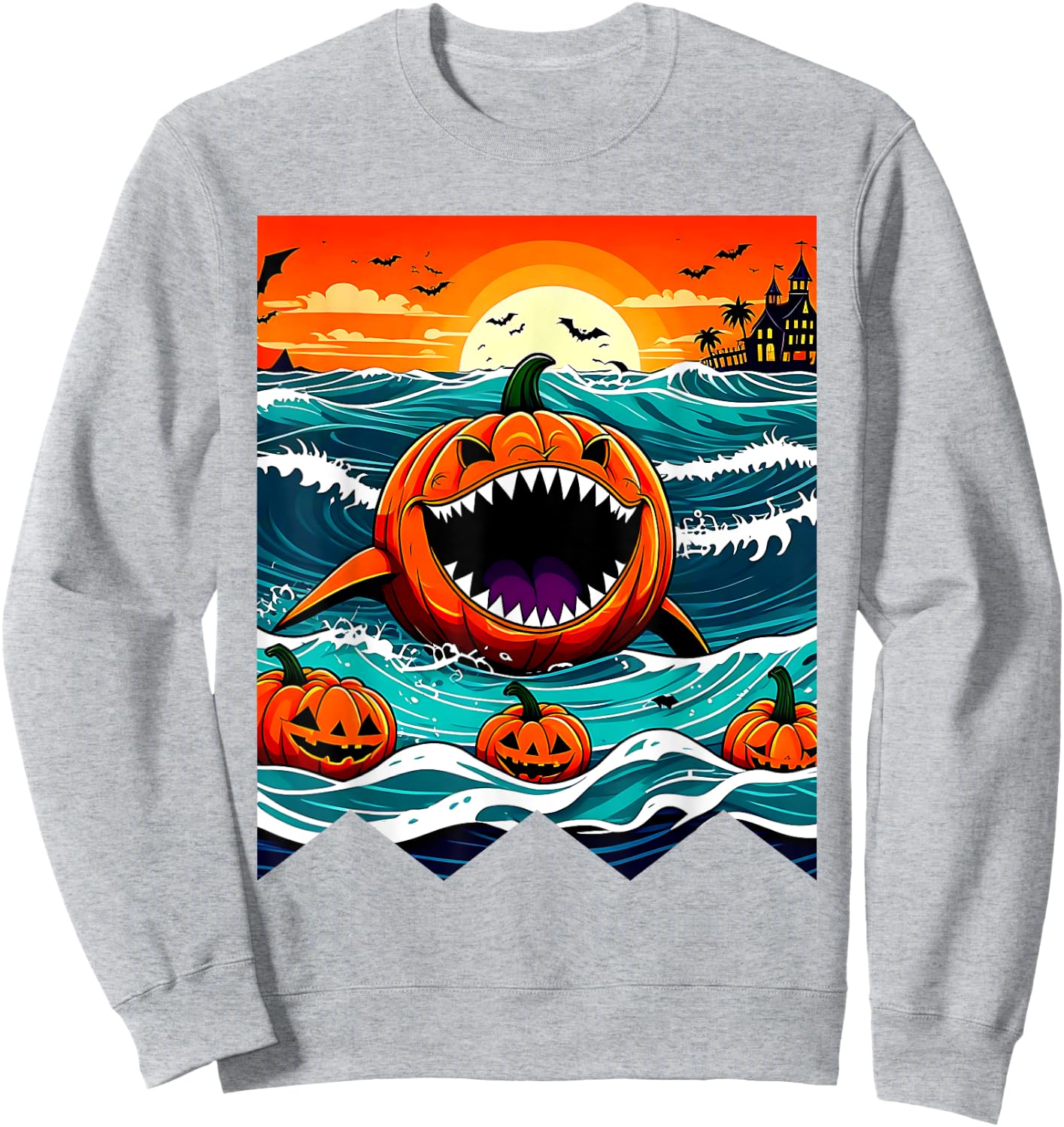 Halloween Pumpkin Shark Funny Summerween Spooky Summer Kids Sweatshirt - Sweatshirt | Ash