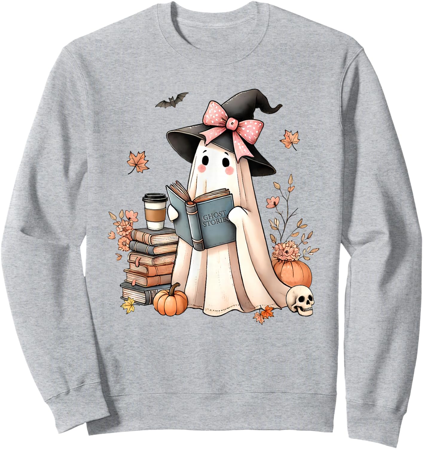 Cute Ghost Reading Book Librarian Book Lover Sweatshirt - Sweatshirt | Ash