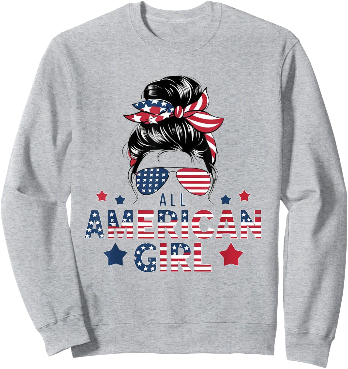4th of July All American Girls Messy Bun Women USA Flag Sweatshirt - Sweatshirt | Ash