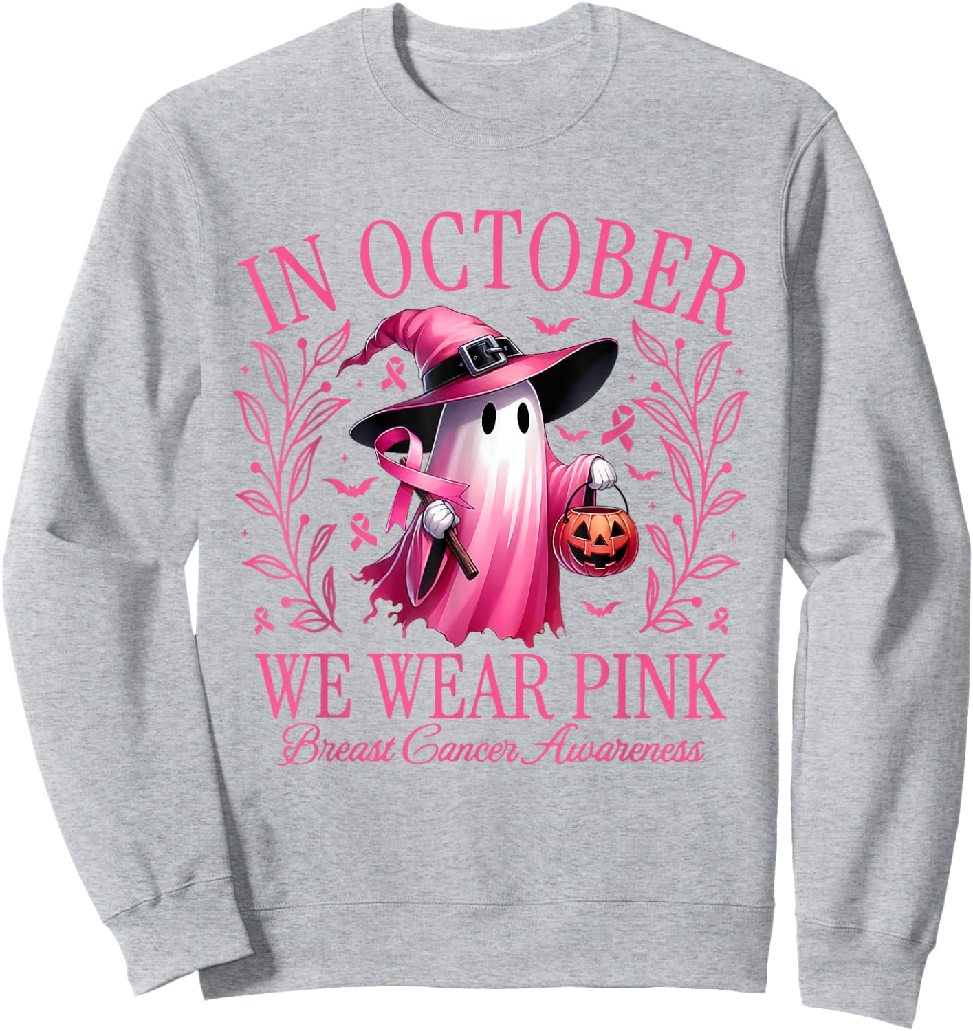 In October We Wear Pink Breast Cancer Awareness Halloween Sweatshirt - Sweatshirt | Ash