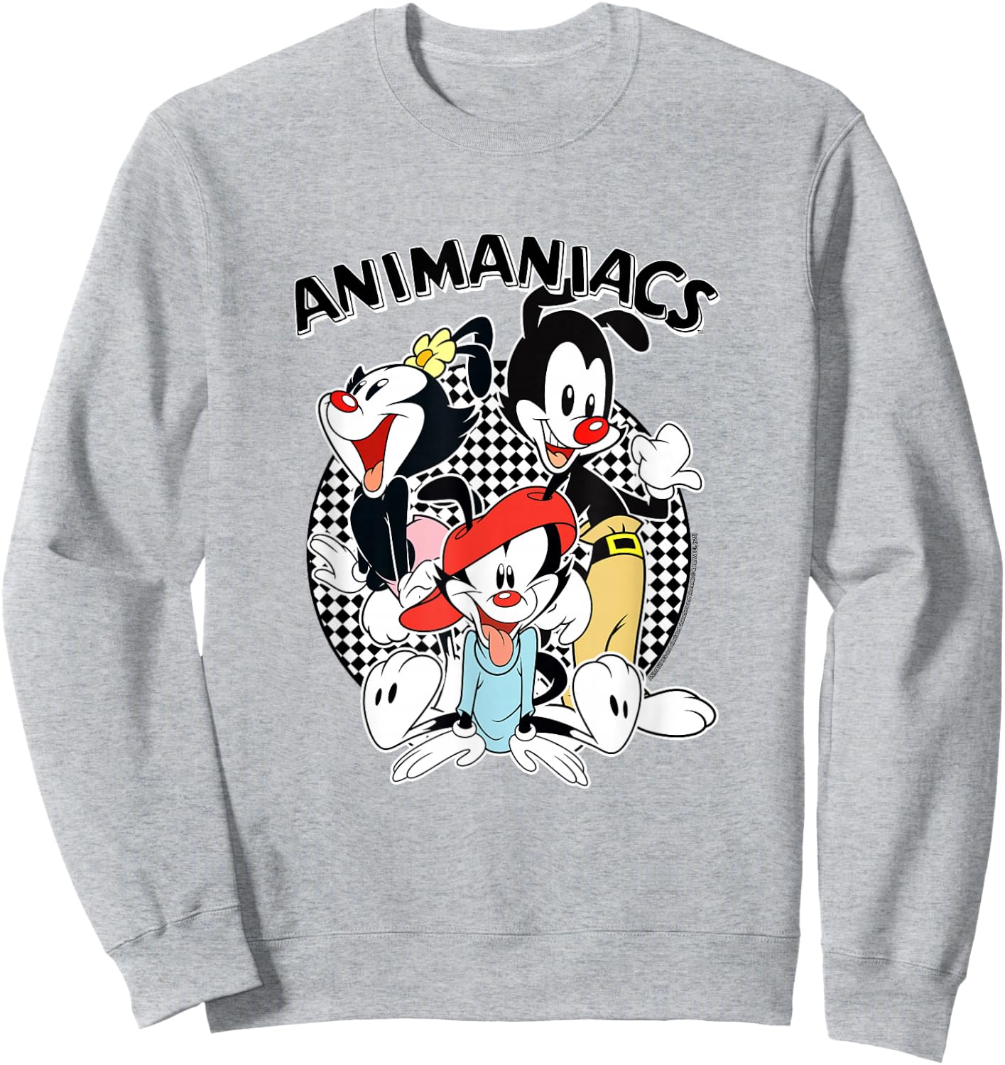 Animaniacs Checkerboard Print Group with Logo Cartoon Sweatshirt - Sweatshirt | Ash