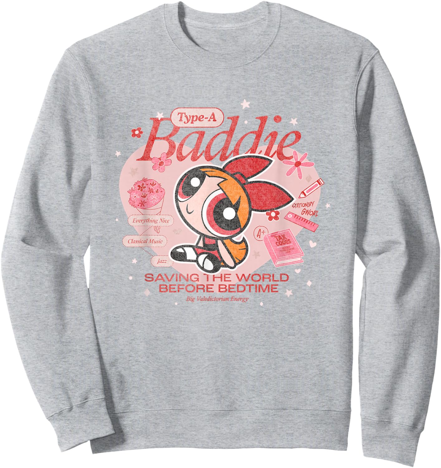 The Powerpuff Girls Blossom Type-A Baddie Distressed Sweatshirt - Sweatshirt | Ash