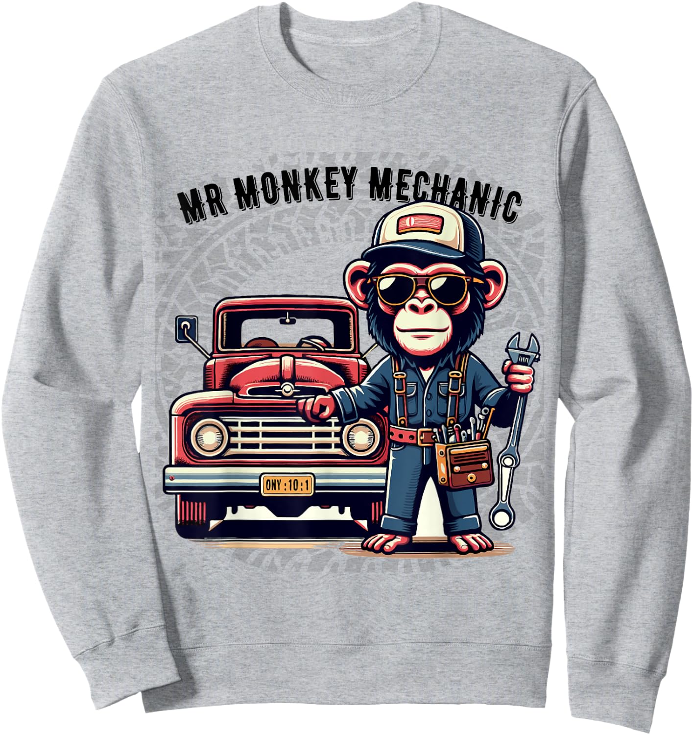Mr Cute Monkey Mechanic Sunglasses Working on Vintage Truck Sweatshirt - Sweatshirt | Ash