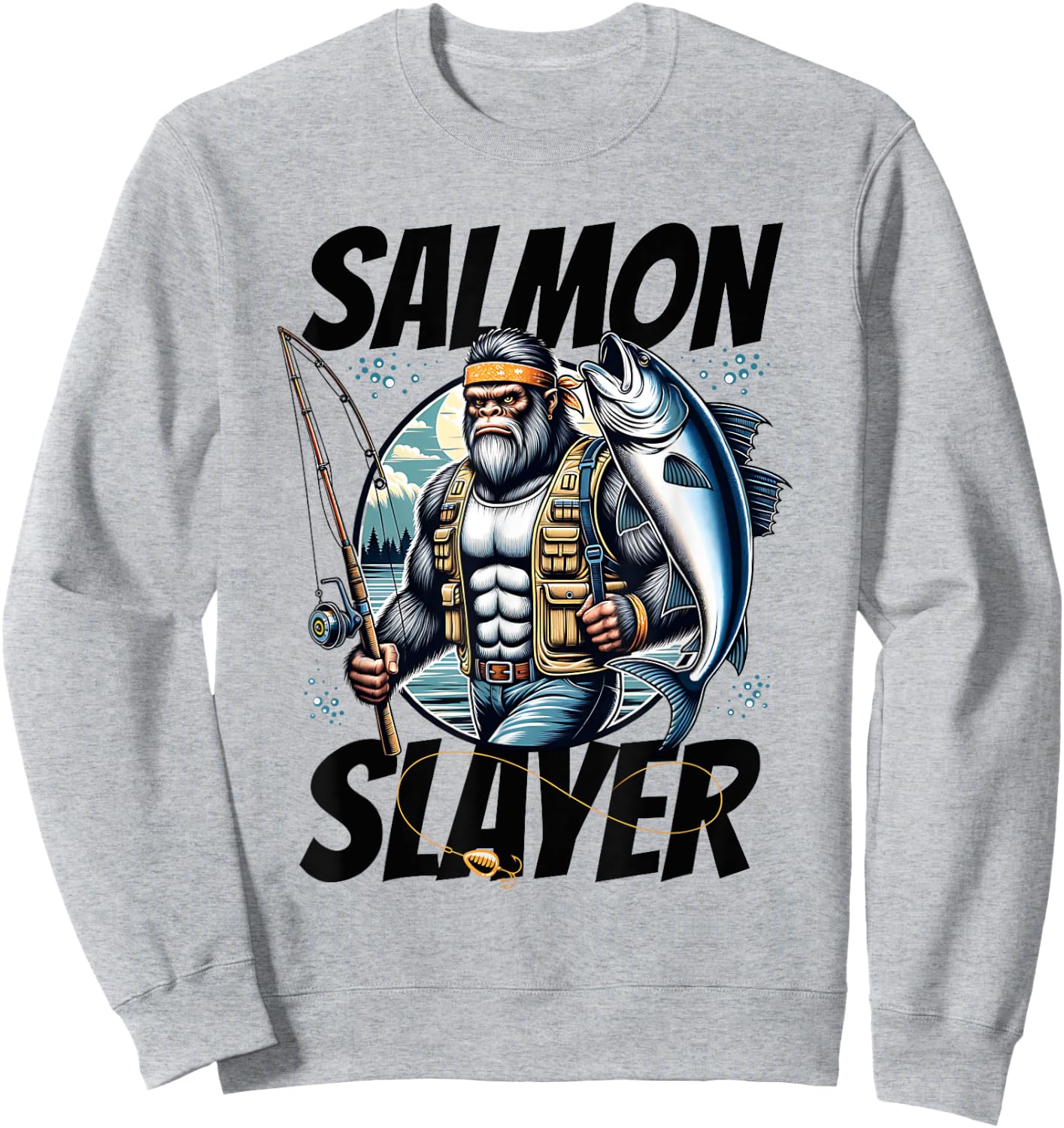 Salmon Slayer Funny Bigfoot Fishing Salmon Fish Sweatshirt - Sweatshirt | Ash