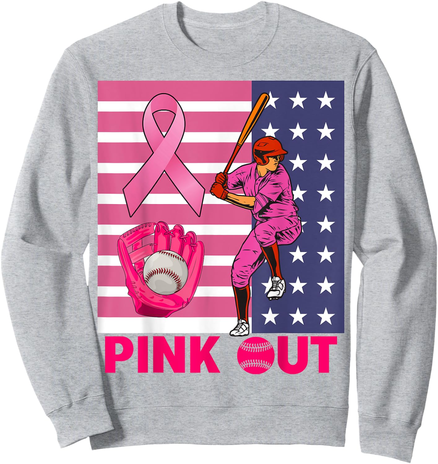 Pink Out Ribbon Baseball Breast Cancer Awareness Sweatshirt - Sweatshirt | Ash