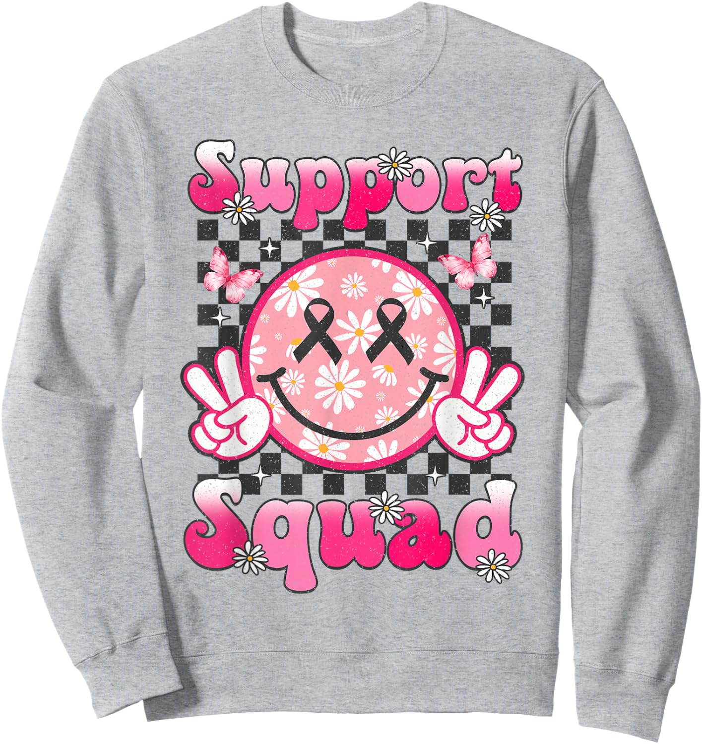 Support Squad Breast Cancer Awareness Smile Face Pink Ribbon Sweatshirt - Sweatshirt | Ash