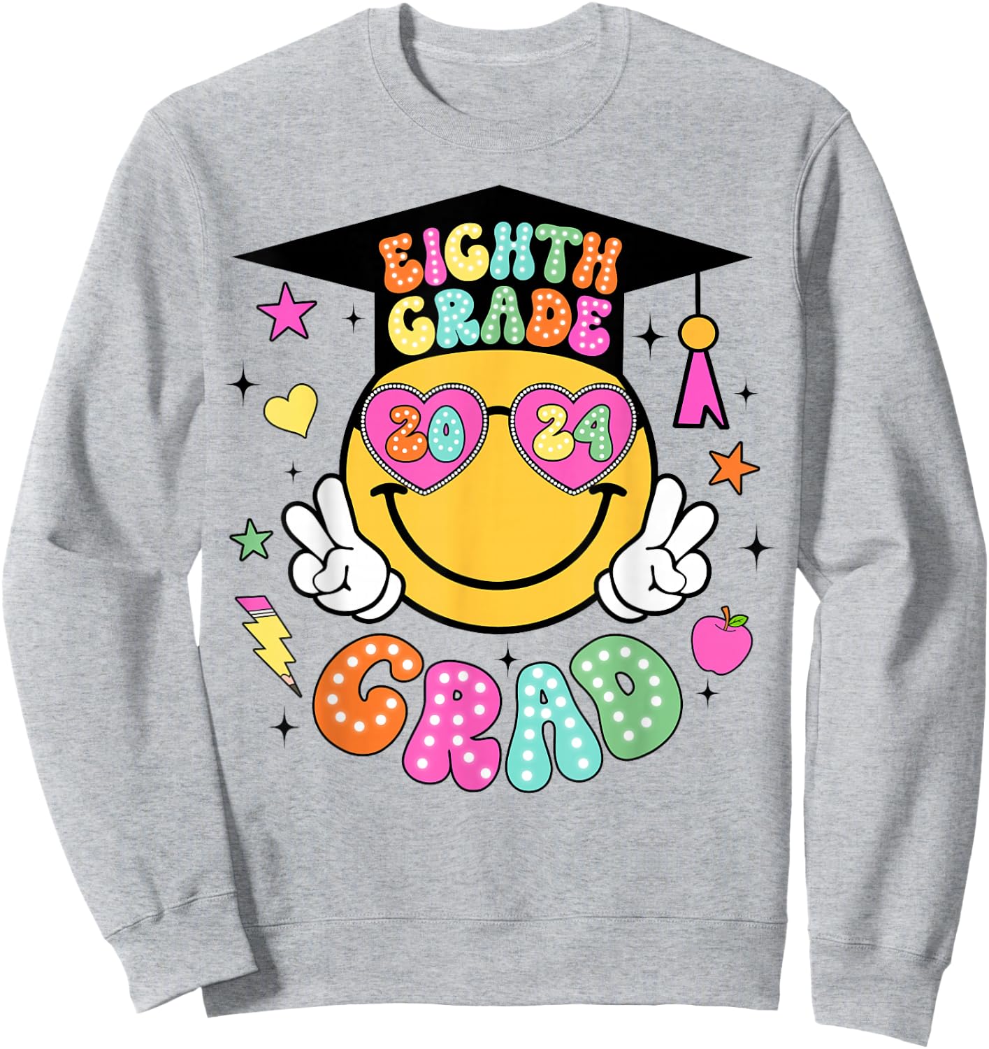 Groovy 8th Grade Graduate Happy Face Graduation 2024 Grad Sweatshirt - Sweatshirt | Ash