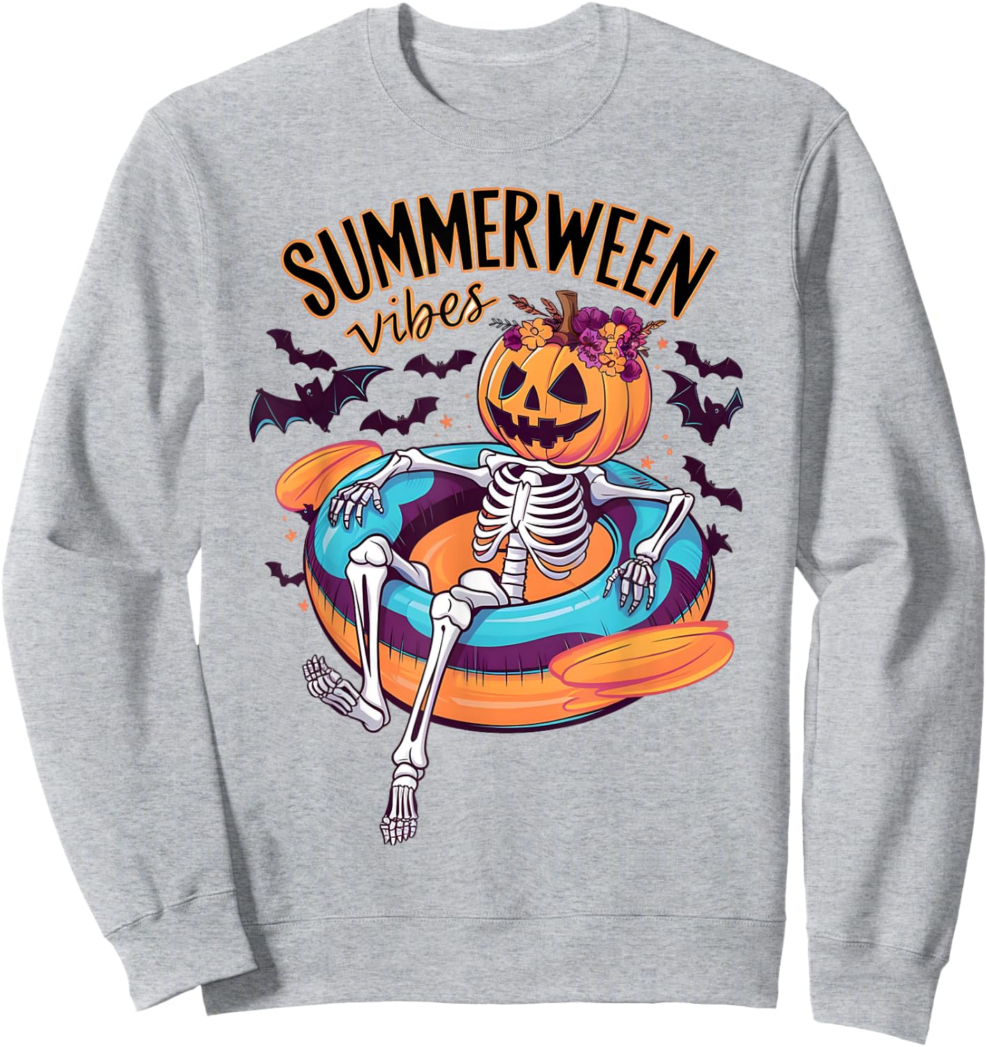 Summerween Vibes Skeleton Pumpkin Summer Vacation Men Women Kids Sweatshirt - Sweatshirt | Ash