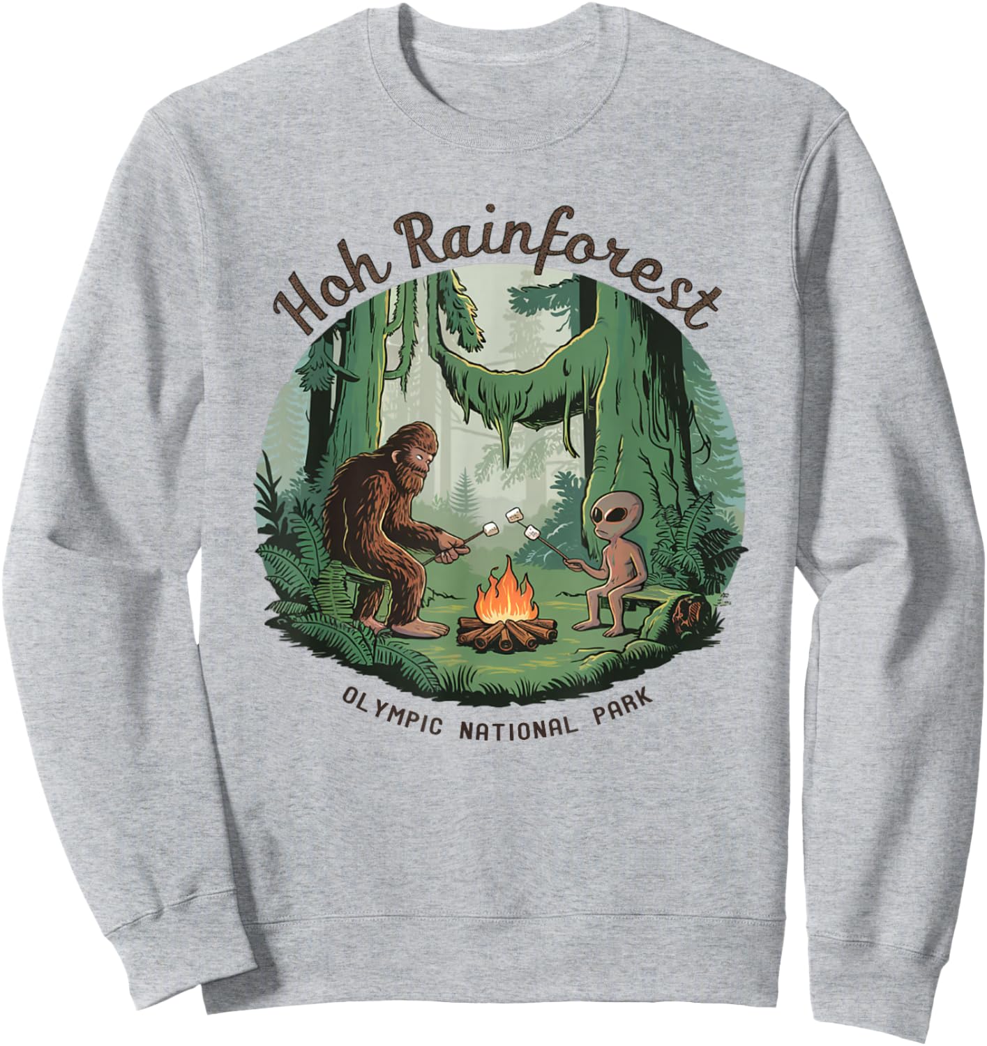Funny Bigfoot & Alien Gifts And Shirts Bigfoot & Alien Camping Hoh Rainforest Olympic National Park -Adults Kids White Short Sleeve Classic Fit Cotton Blend Machine Wash Size Small Sweatshirt - Sweatshirt | Ash