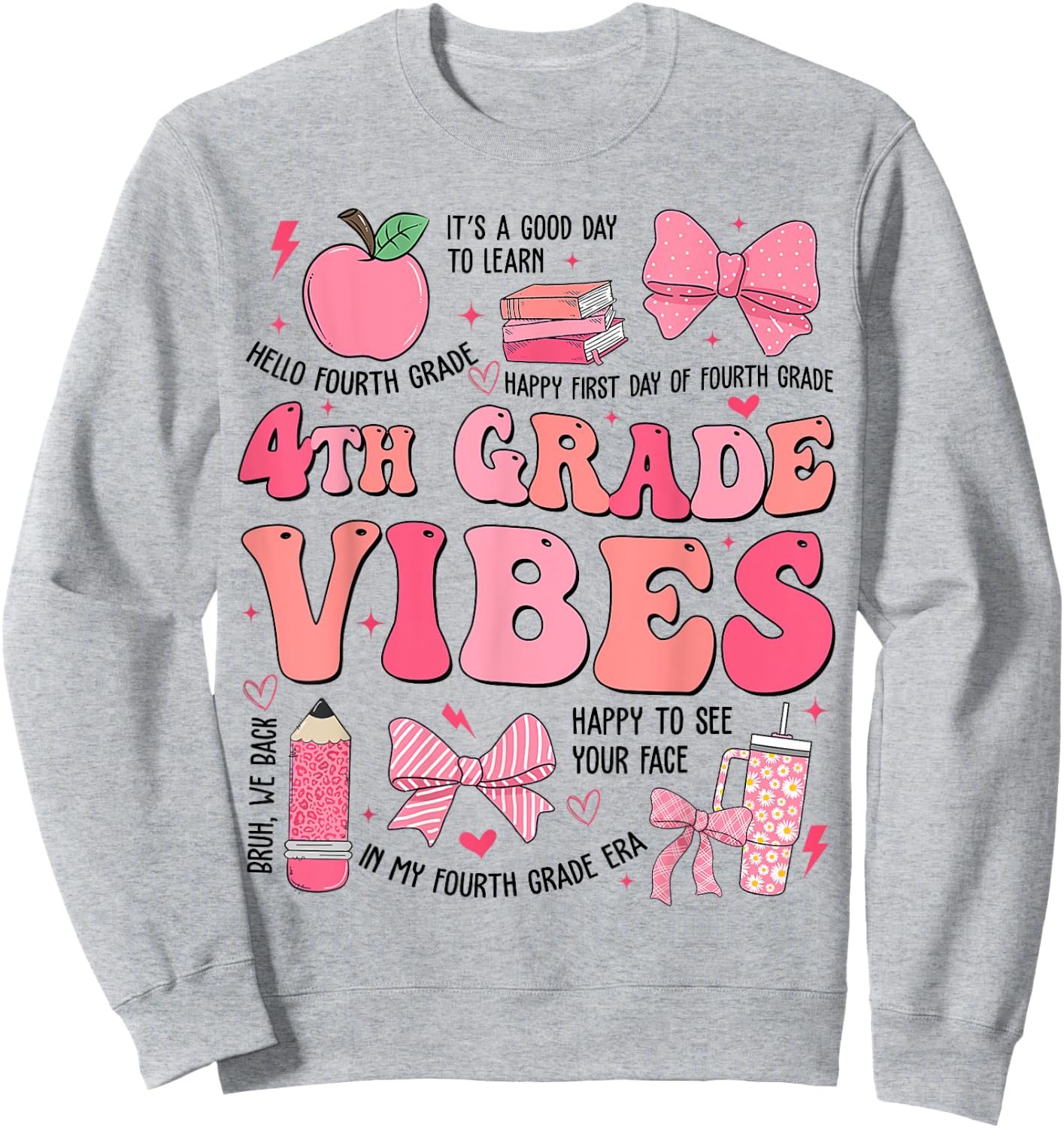 Girls 4th Grade Vibes Coquette Bow Back to School Teacher Sweatshirt - Sweatshirt | Ash