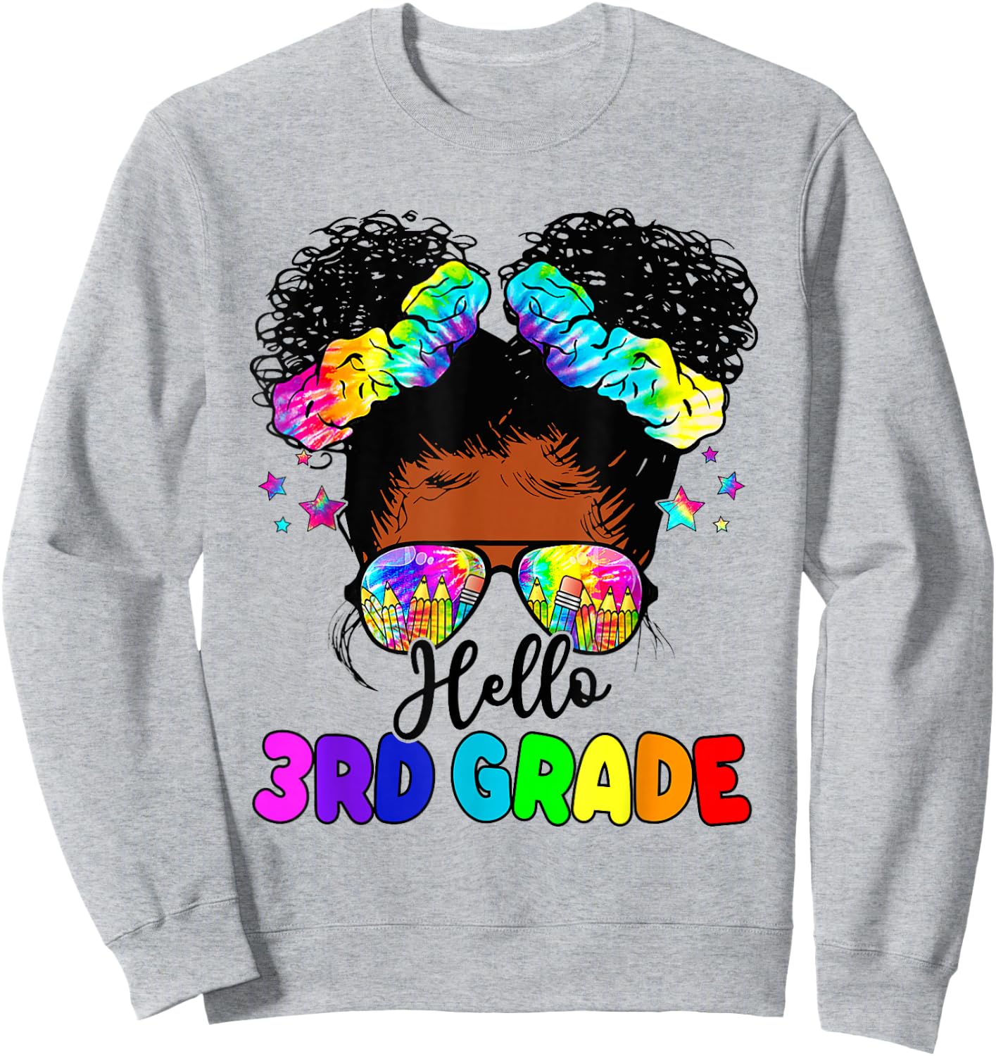 Hello 3rd Grade Black Messy Bun Girls Kids Back To School Sweatshirt - Sweatshirt | Ash