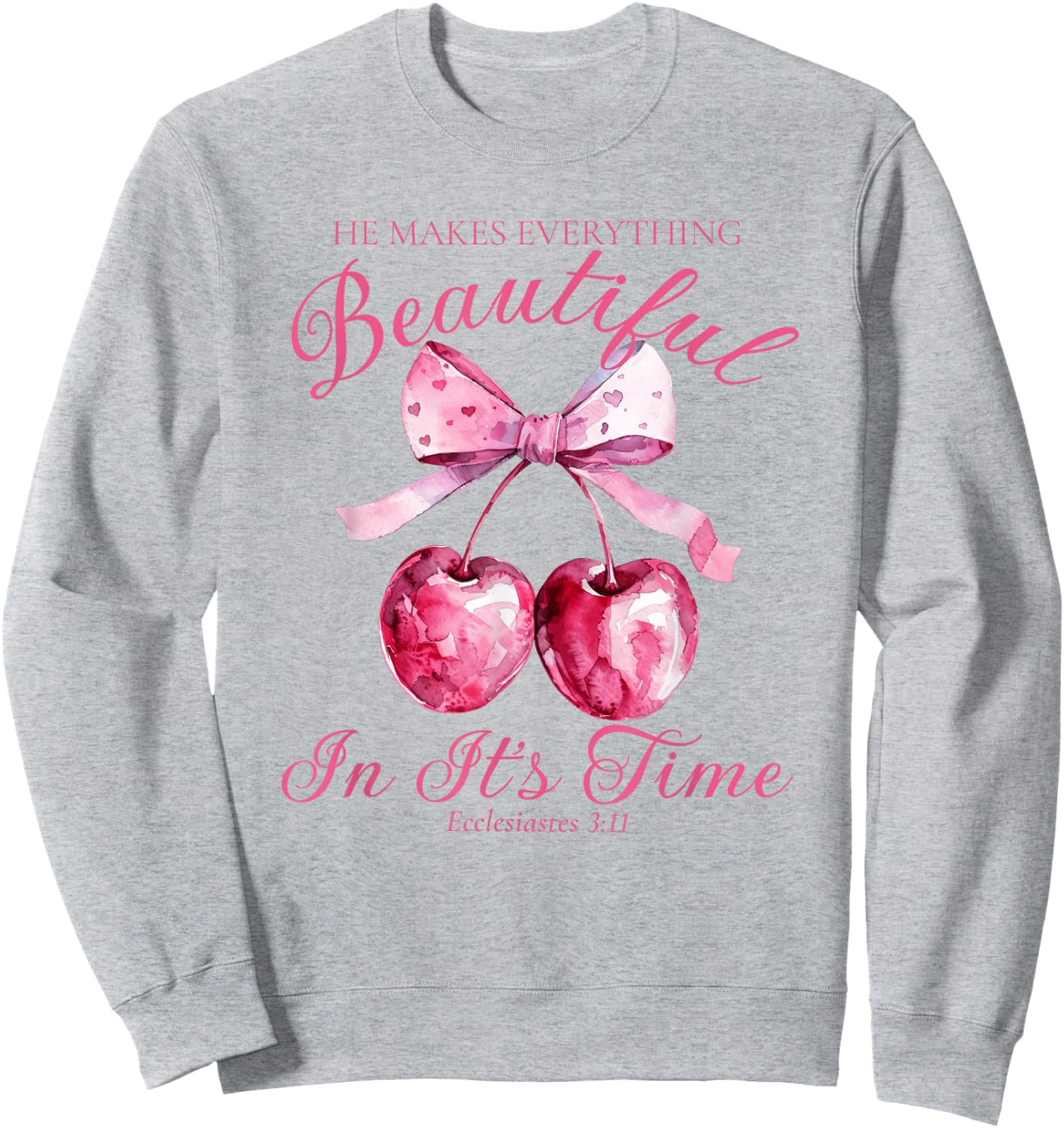 Crochet Pink Bow Cherry Bible Verse Jesus Coquette Christian Sweatshirt - Sweatshirt | Ash