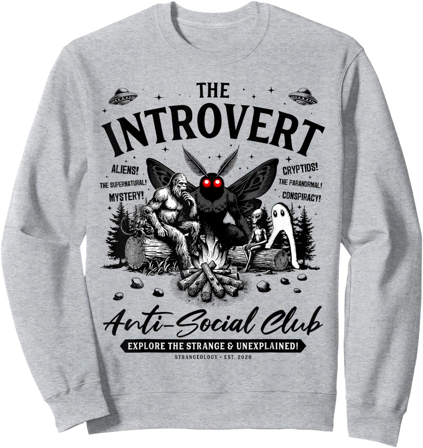 The Introvert Social Club Bigfoot Mothman Alien Creature Sweatshirt - Sweatshirt | Ash
